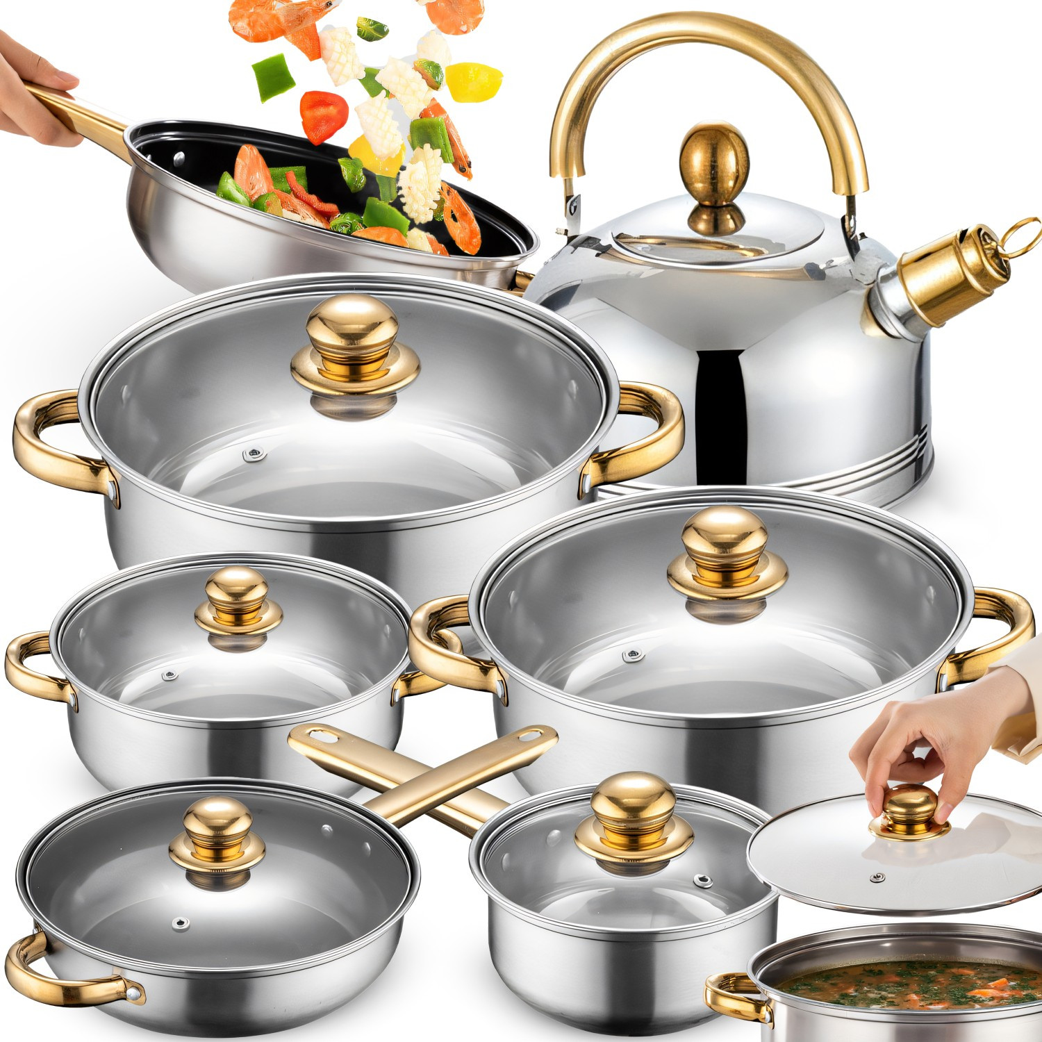TEMU Retoo Kitchen Cookware Set, 12-piece Collection, Gas & Induction Compatible, Stainless Steel Kettle, Pan, Tempered Glass Lids, Kitchen