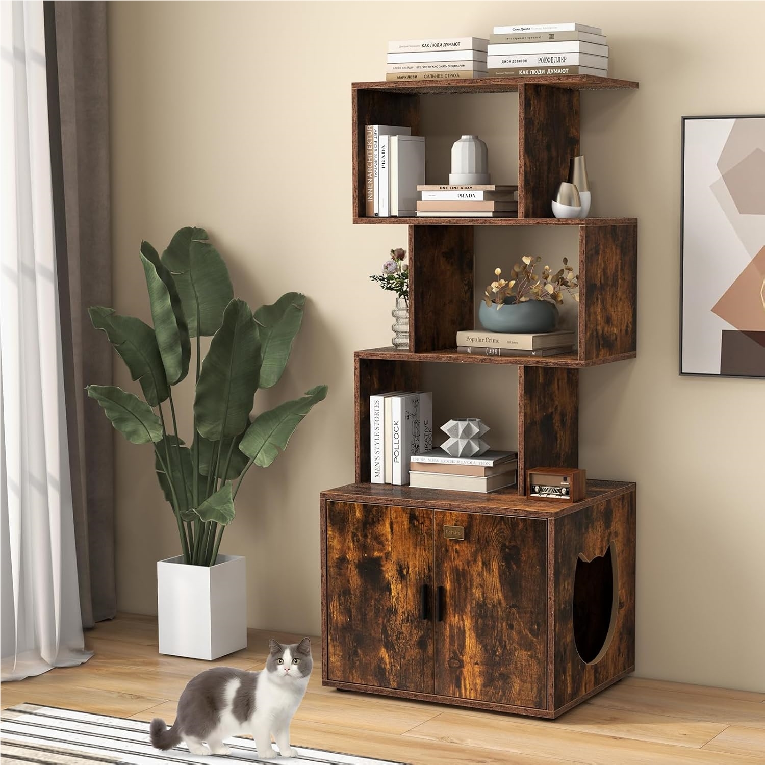 Image of Cat Cabinet With Bookshelf, Cat Litter Box Cabinet For Cat Toilet, Office Shelf With & Entrance, Cat House For Pet, Cat Furniture Indoor, 60 X 45, 5 X 142 Cm (brown)