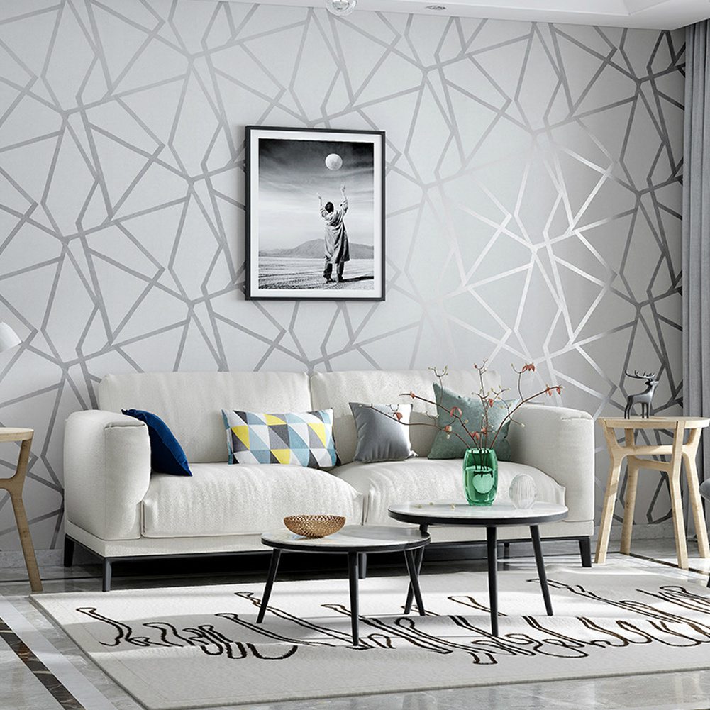 TEMU 10mx53cm 3d Non-woven Silver&grey Wallpaper Textured Effect Wall Paper Roll Modern Geometric Striped Satin Surface Feature Wallpaper For