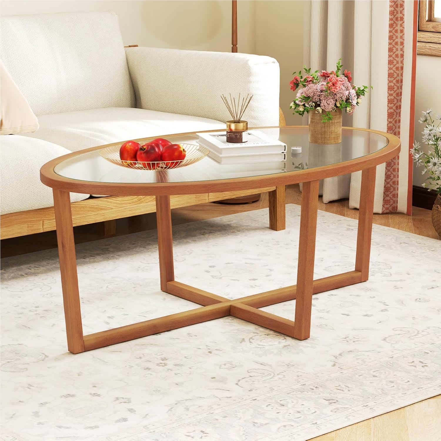 Image of Glass Coffee Table, Oval Transparent Side Table, Living Room Table With Cross Base & Acacia Wood Legs, Modern Glass Table, Sofa Table For Living Room, 118 X 71.5 .5 Cm