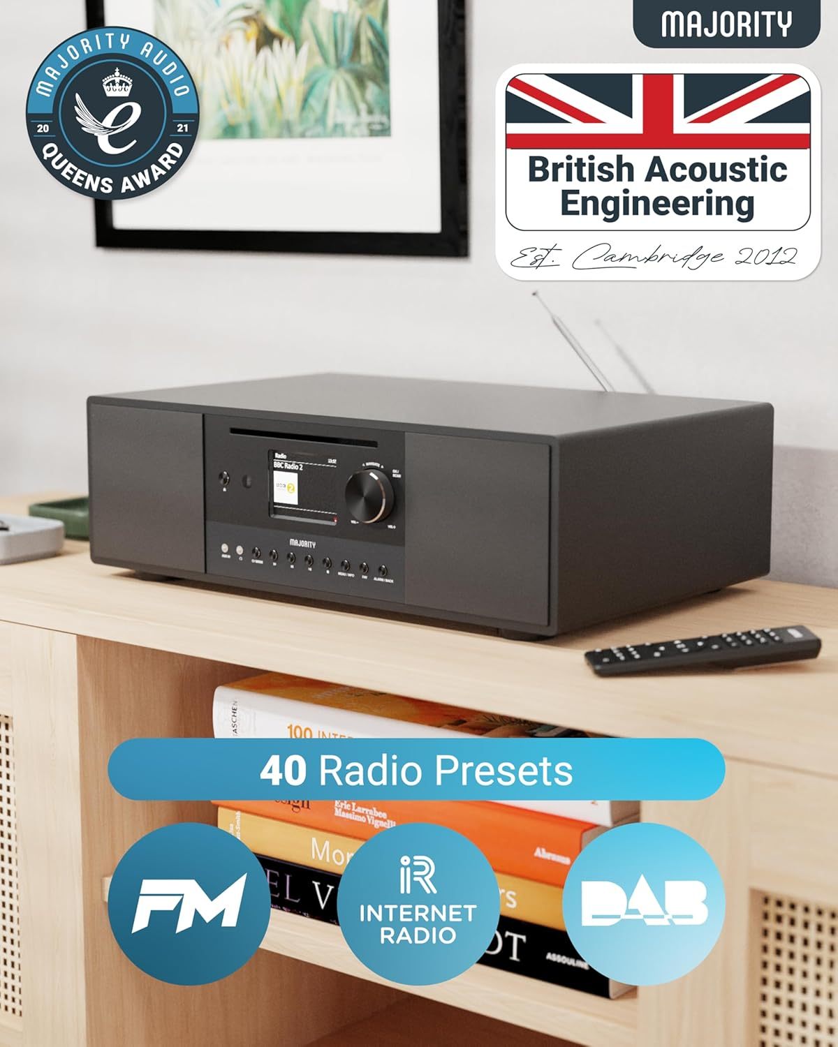 Internet Radio with DAB+ and CD Player | 120W 2.1 Stereo System with Inbuilt Subwoofer | Bluetooth Enabled | Spotify Connect & Podcasts | FM Radio| LED Colour Display | Majority Quadriga (Black)