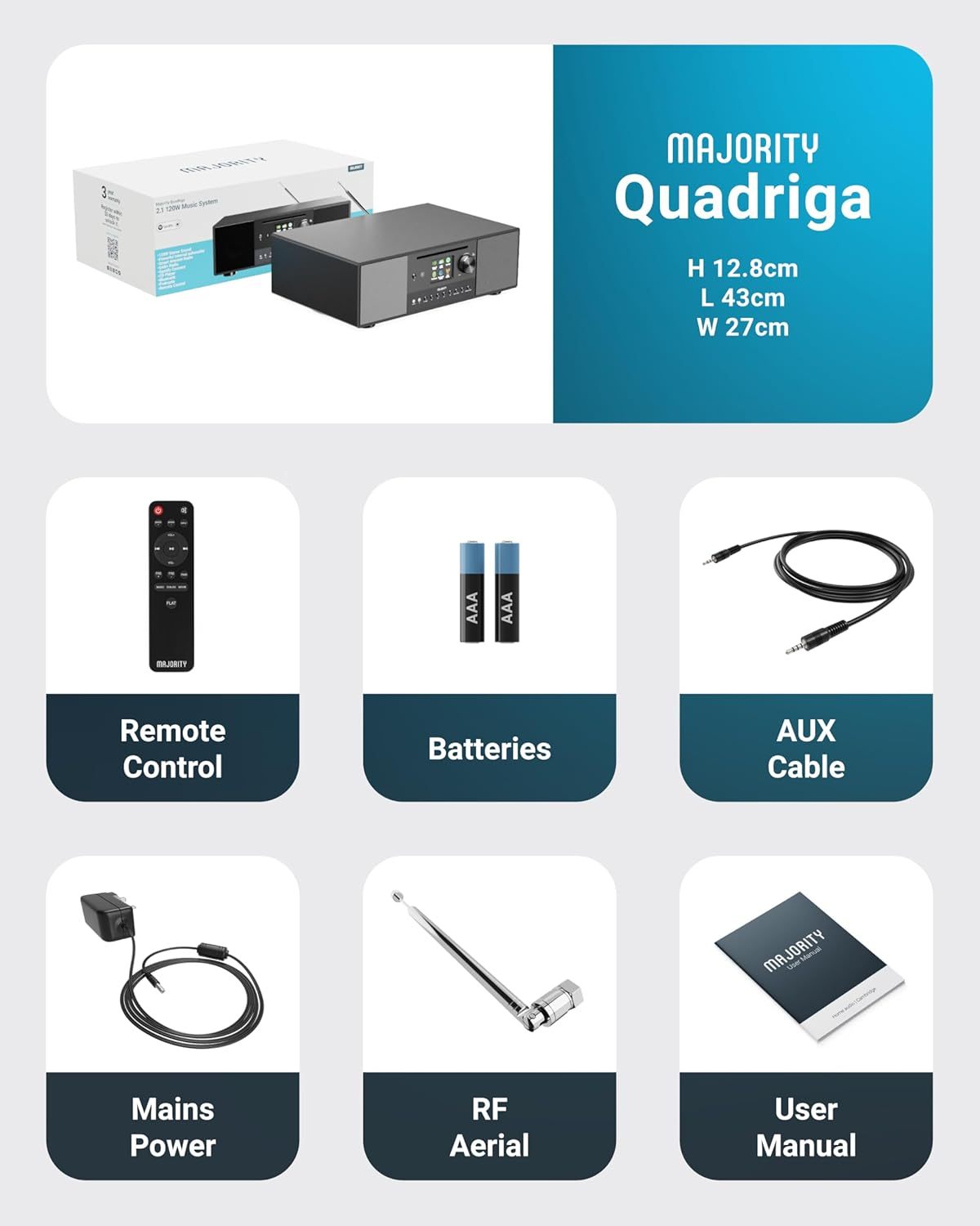 Internet Radio with DAB+ and CD Player | 120W 2.1 Stereo System with Inbuilt Subwoofer | Bluetooth Enabled | Spotify Connect & Podcasts | FM Radio| LED Colour Display | Majority Quadriga (Black)