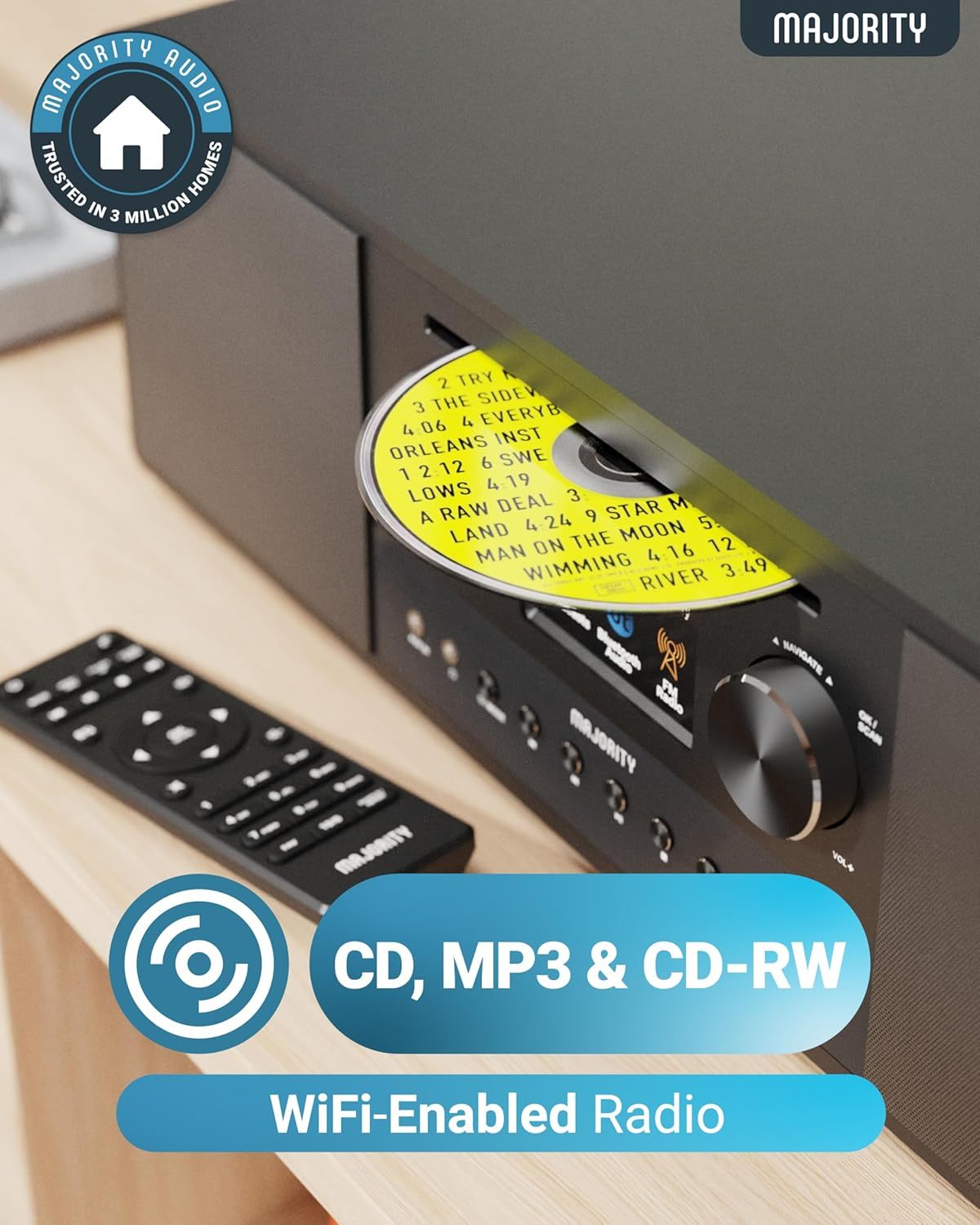 Internet Radio with DAB+ and CD Player | 120W 2.1 Stereo System with Inbuilt Subwoofer | Bluetooth Enabled | Spotify Connect & Podcasts | FM Radio| LED Colour Display | Majority Quadriga (Black)