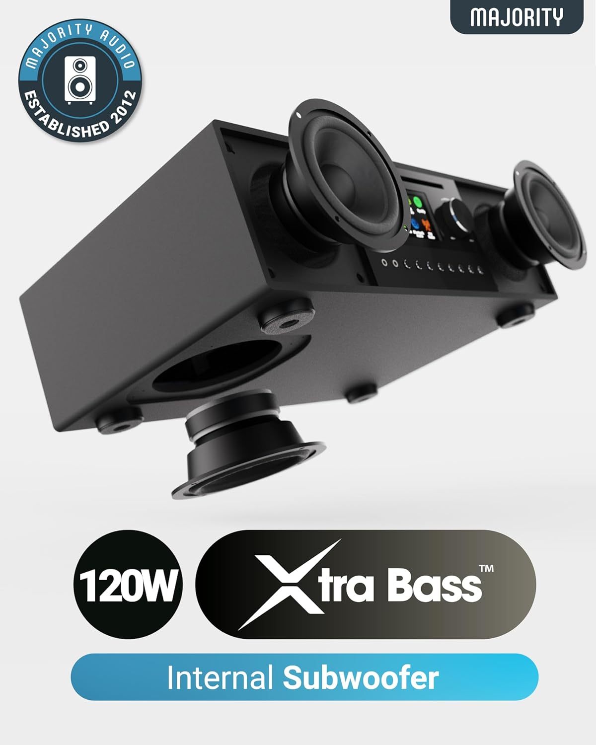 Internet Radio with DAB+ and CD Player | 120W 2.1 Stereo System with Inbuilt Subwoofer | Bluetooth Enabled | Spotify Connect & Podcasts | FM Radio| LED Colour Display | Majority Quadriga (Black)