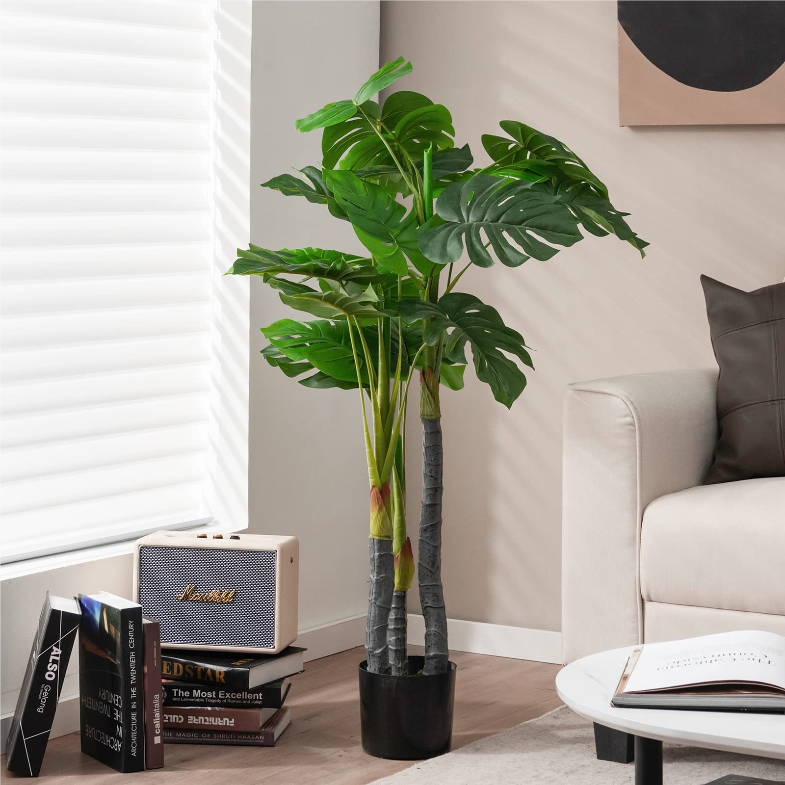 Image of 120 Cm Artificial Monstera Plant, Green Artificial Tree With 20 Leaves And Plastic Pot - Artificial Plant For Home, Office & Restaurant, Indoor Decoration