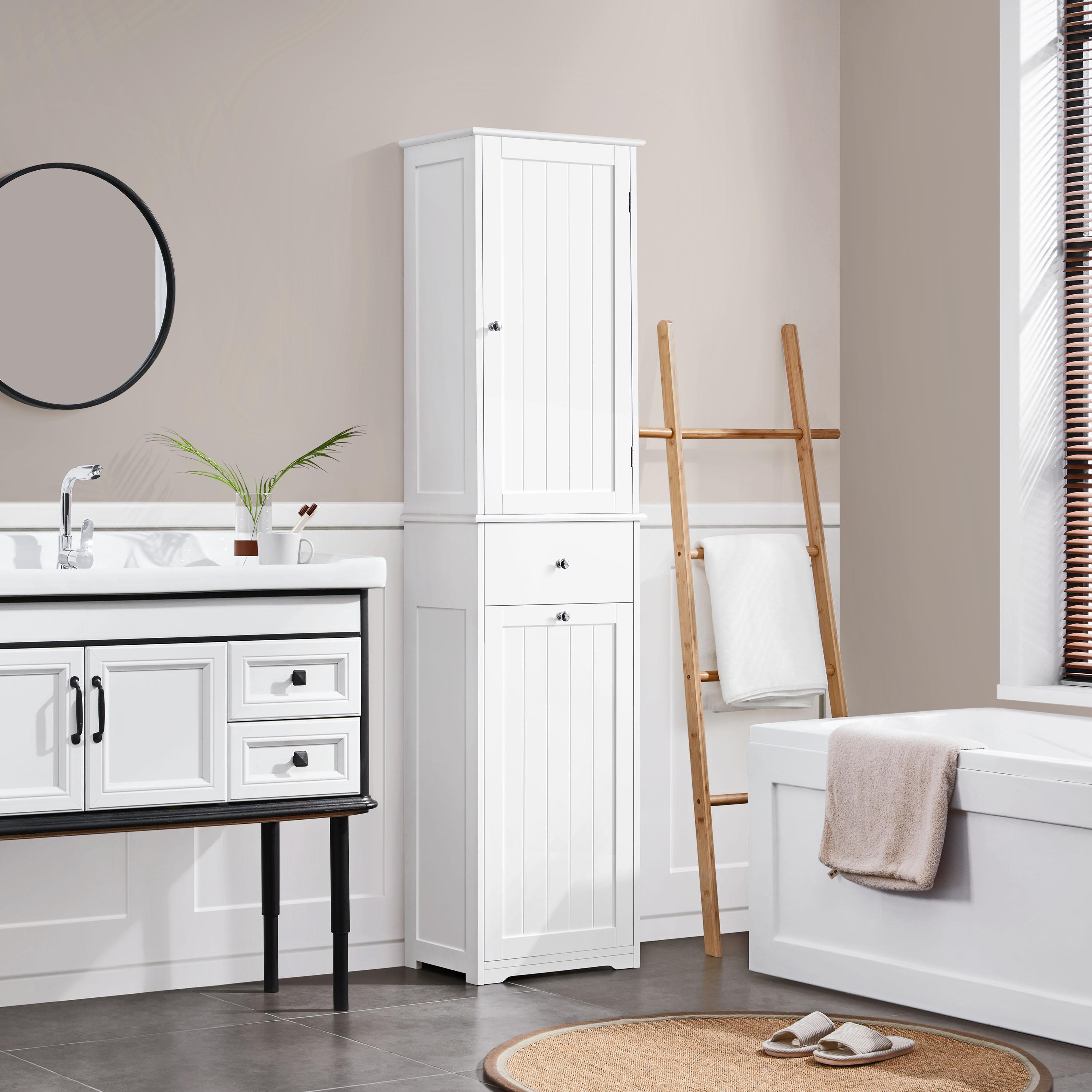 Image of Costoffs Bathroom Cabinet, Floor Cabinet, Tall Cabinet With Drawer, Laundry Basket, And Door, Narrow Standing Shelf, Bathroom Cabinet With Adjustable Shelves