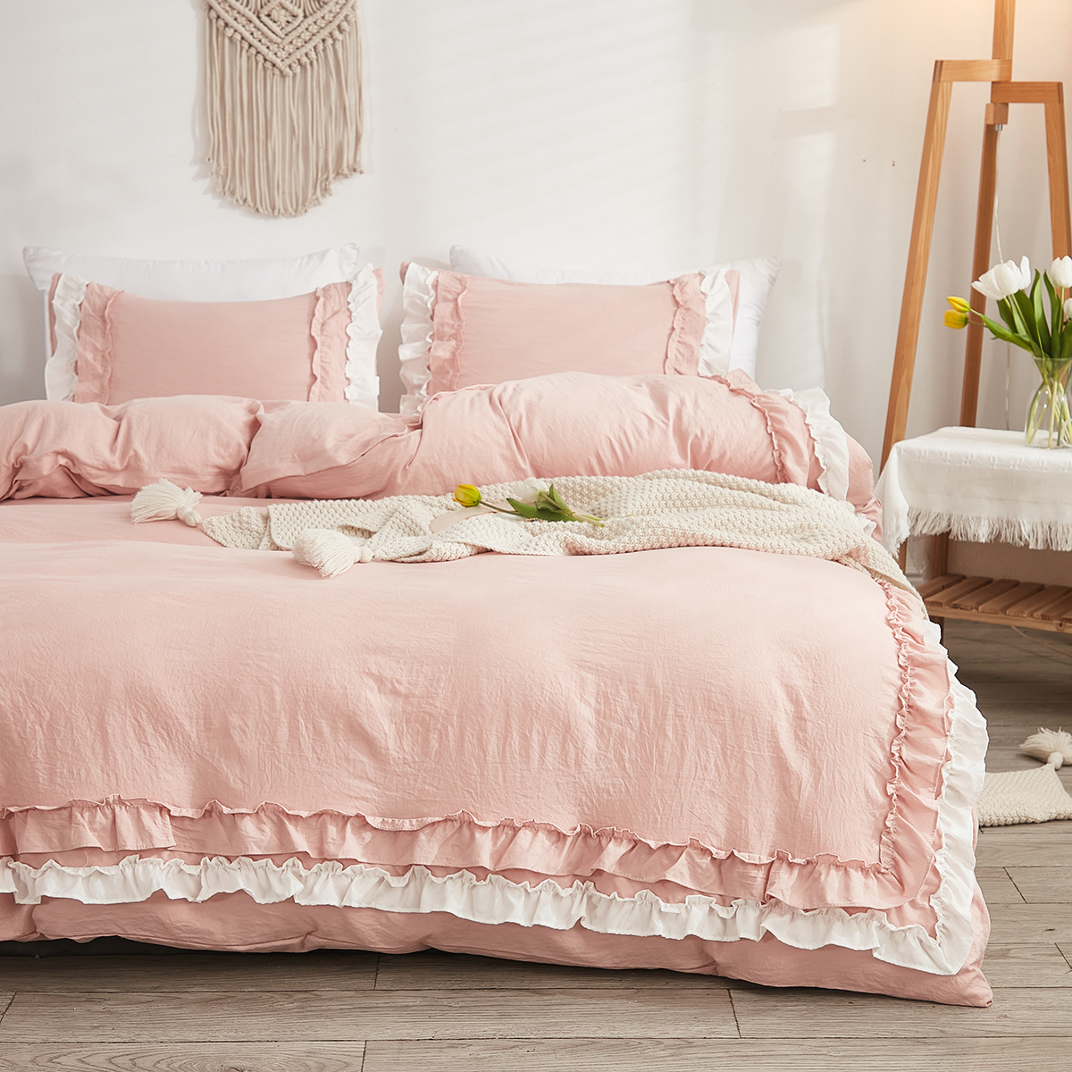 Bedding Romantic Bedding Set Aesthetic Soft Microfiber Certified Bed Sheet With Double Layer Ruffles Duvet Cover With Zipper And Pillowcase