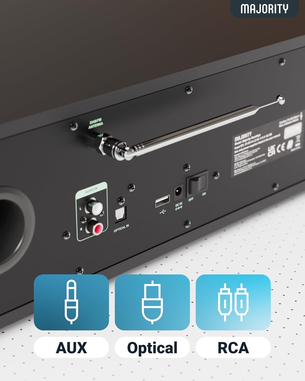 Internet Radio with DAB+ and CD Player | 120W 2.1 Stereo System with Inbuilt Subwoofer | Bluetooth Enabled | Spotify Connect & Podcasts | FM Radio| LED Colour Display | Majority Quadriga (Black)