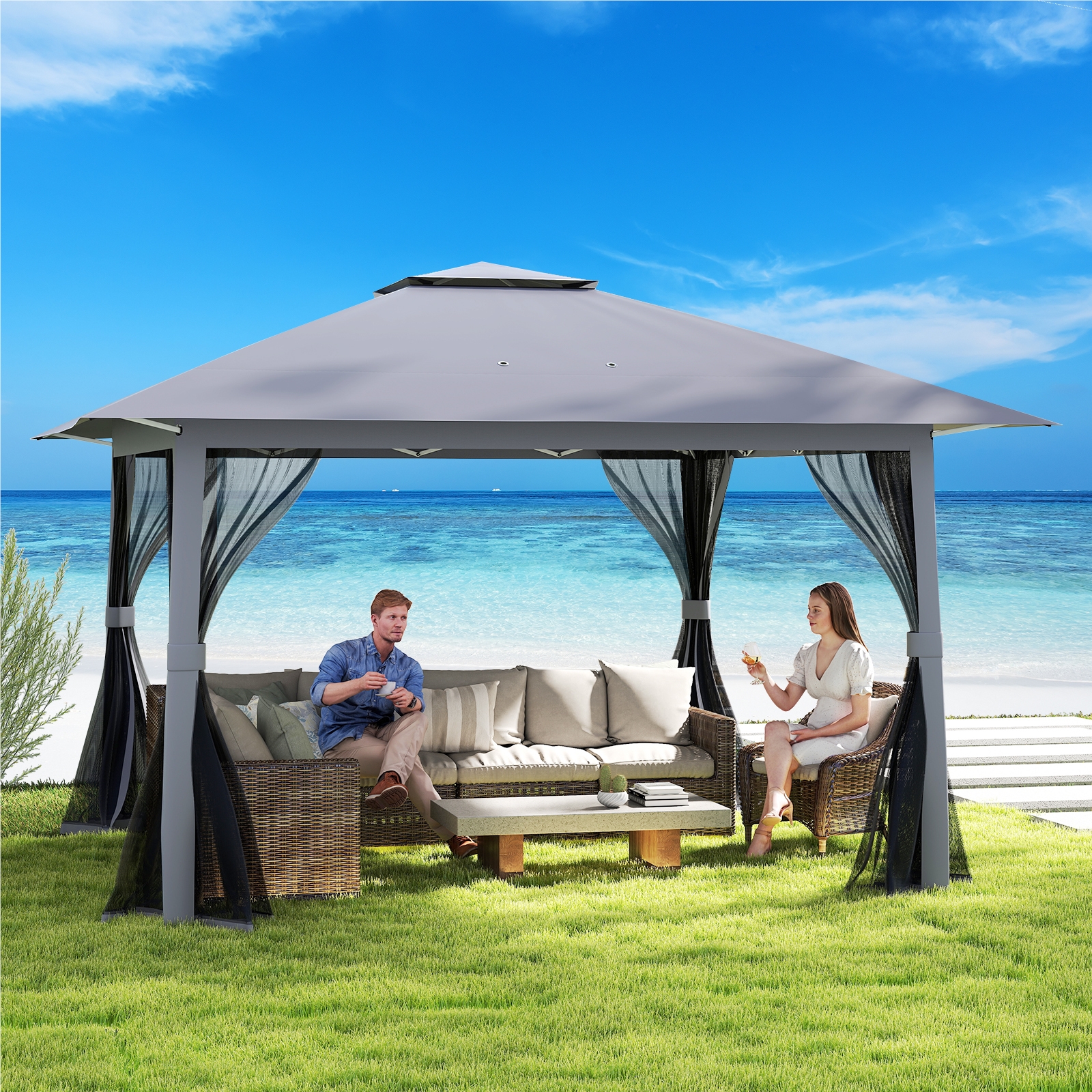 4 X 4 -up Folding Gazebo With 4 Nets & Double Roof & Metal Frame, Waterproof & Stable & Winter-resistant, Garden With Carrying Bag, Party Tent For Terrace, Gray