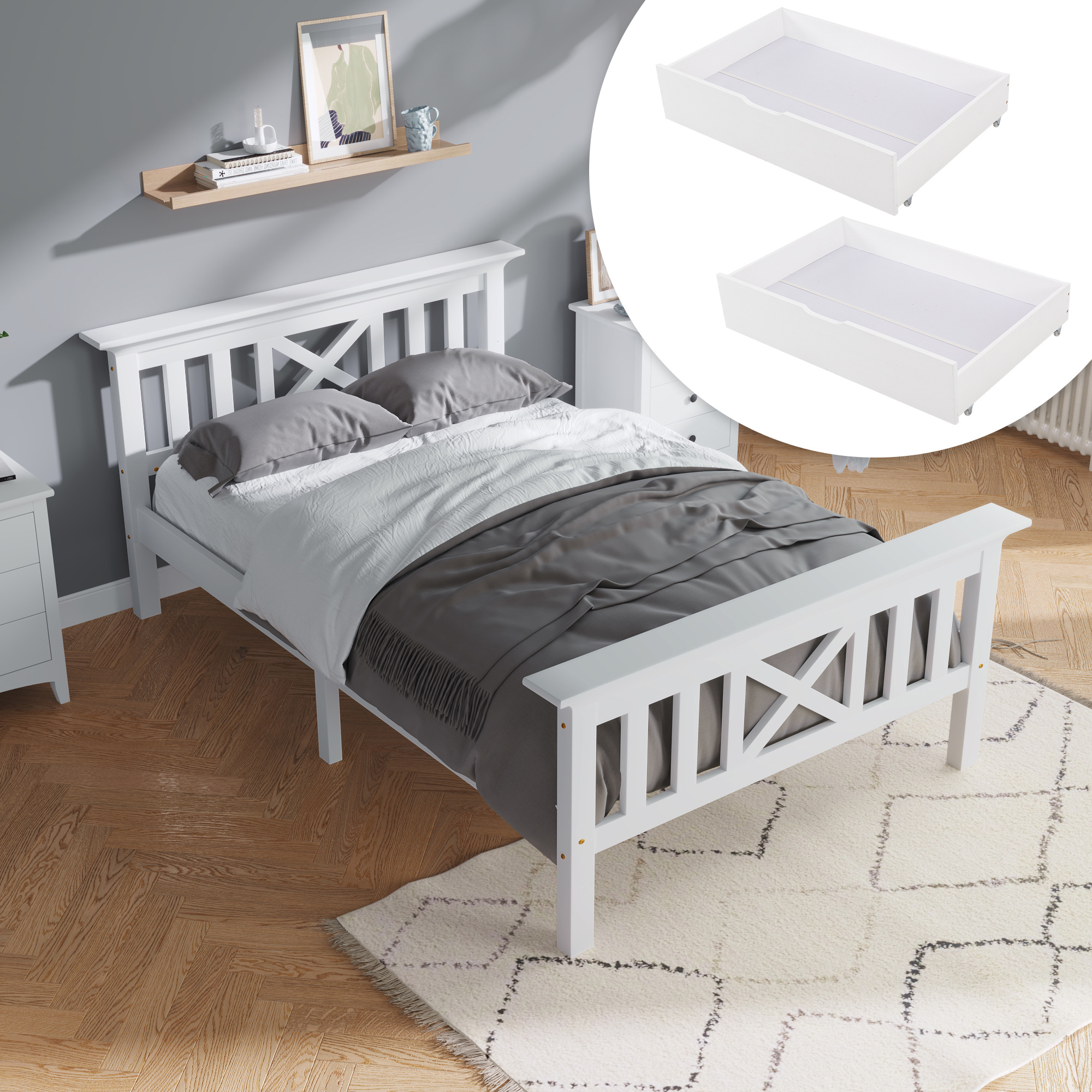 Wooden Bed Frame with Drawers Single Storage Bed Solid Pine Wood,3FT Guest Bed For Adults, Kids, Teenagers