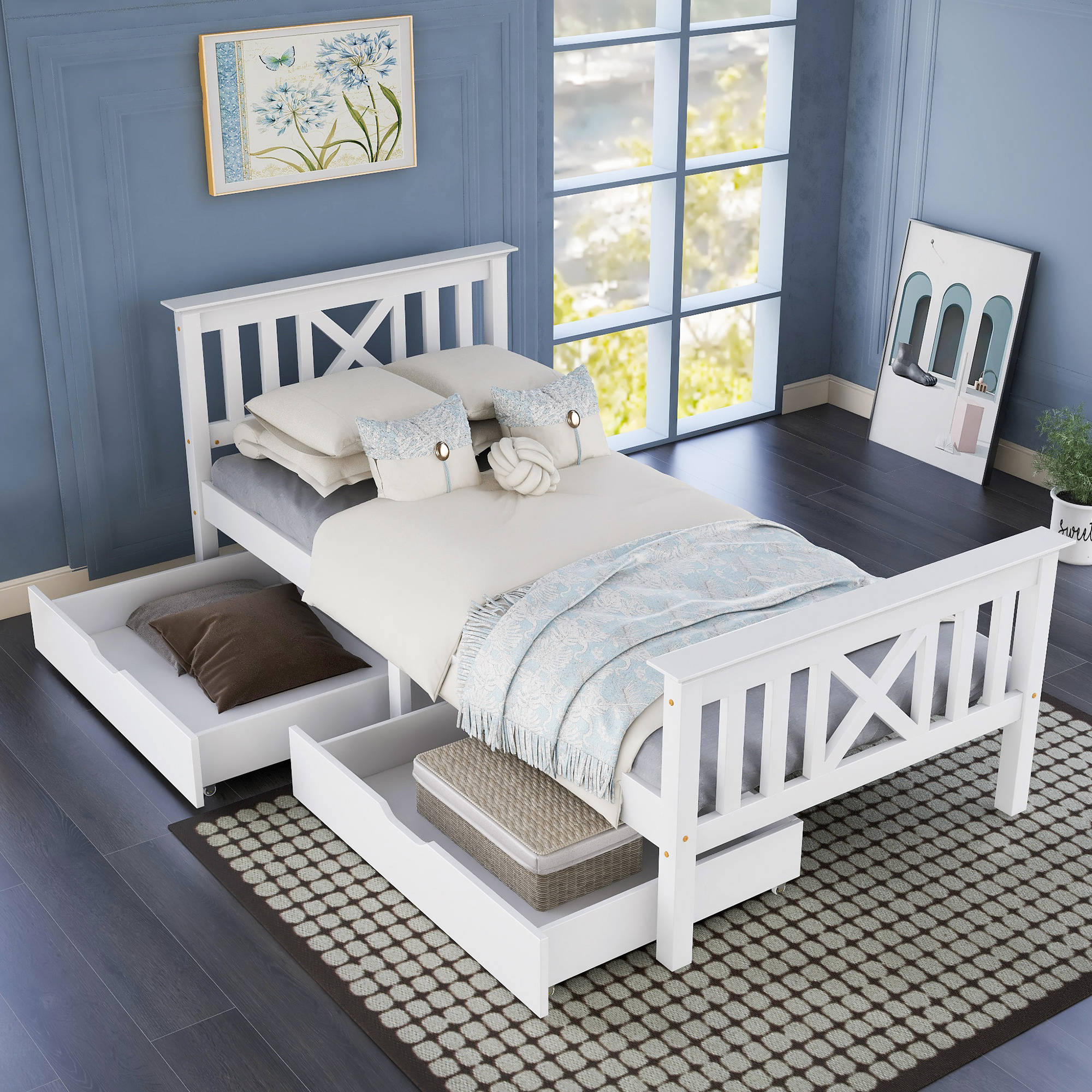 Wooden Bed Frame with Drawers Single Storage Bed Solid Pine Wood,3FT Guest Bed For Adults, Kids, Teenagers