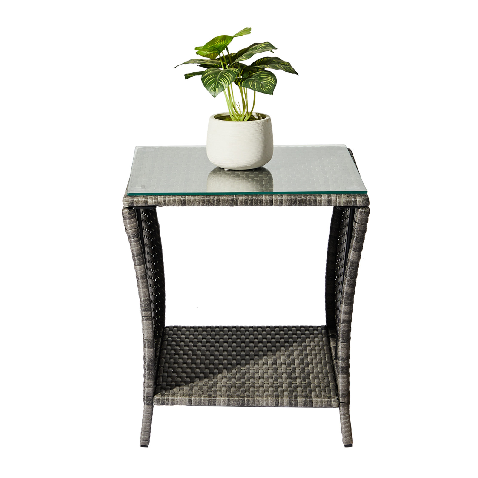 E-shop Bonnlo Rattan Beistelltisch mit Glasplatte, Balkonmöbel Braun, Gartenmöbel klein, Balkontisch Outdoor wetterfest, 46x46x50 cm
