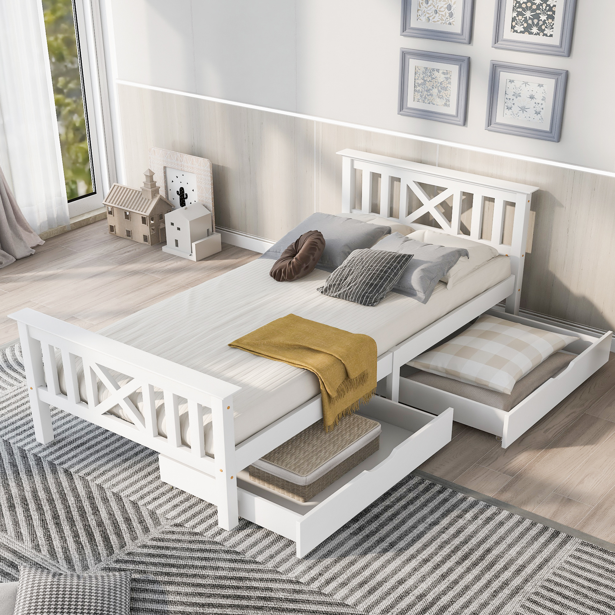 Wooden Bed Frame with Drawers Single Storage Bed Solid Pine Wood,3FT Guest Bed For Adults, Kids, Teenagers