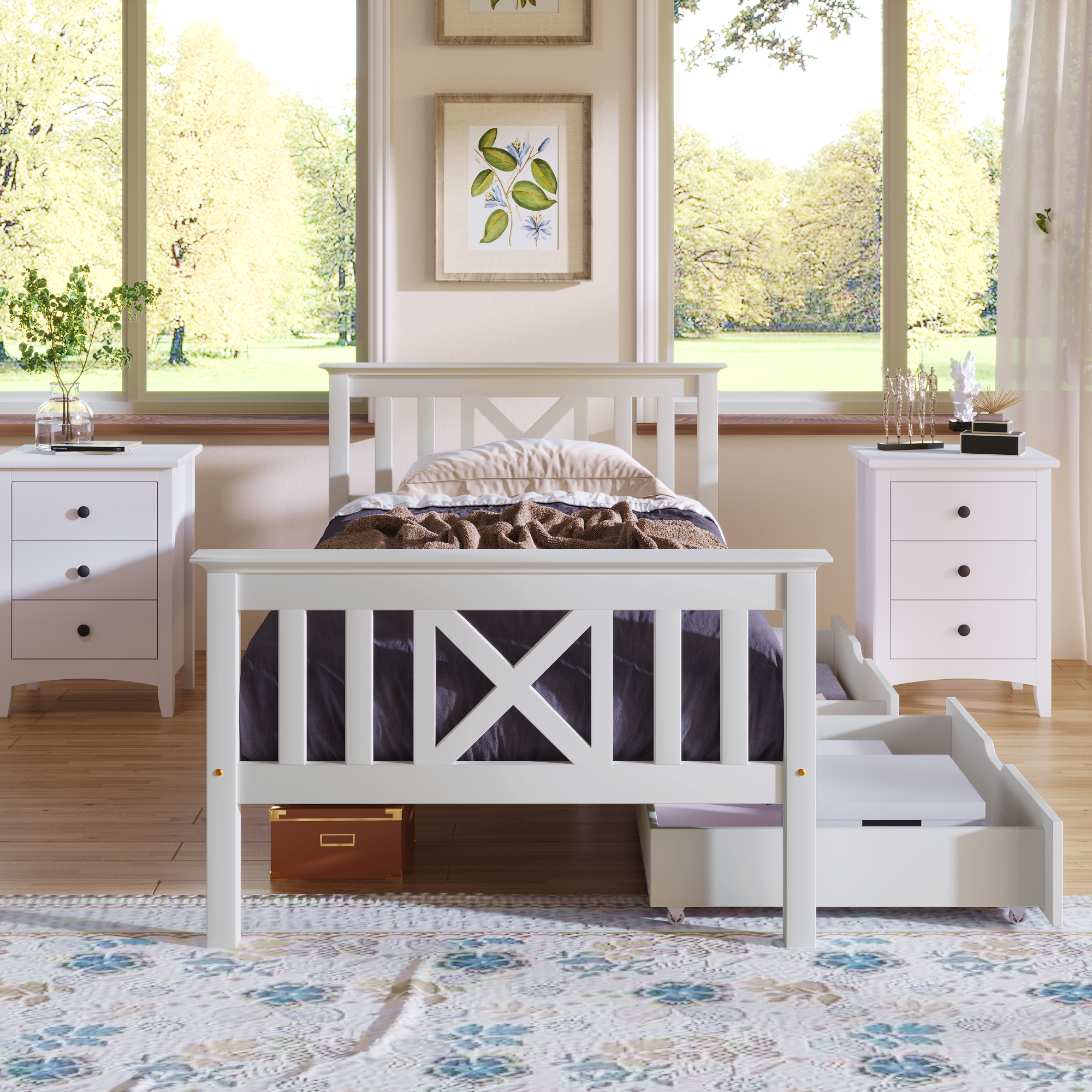 Wooden Bed Frame with Drawers Single Storage Bed Solid Pine Wood,3FT Guest Bed For Adults, Kids, Teenagers