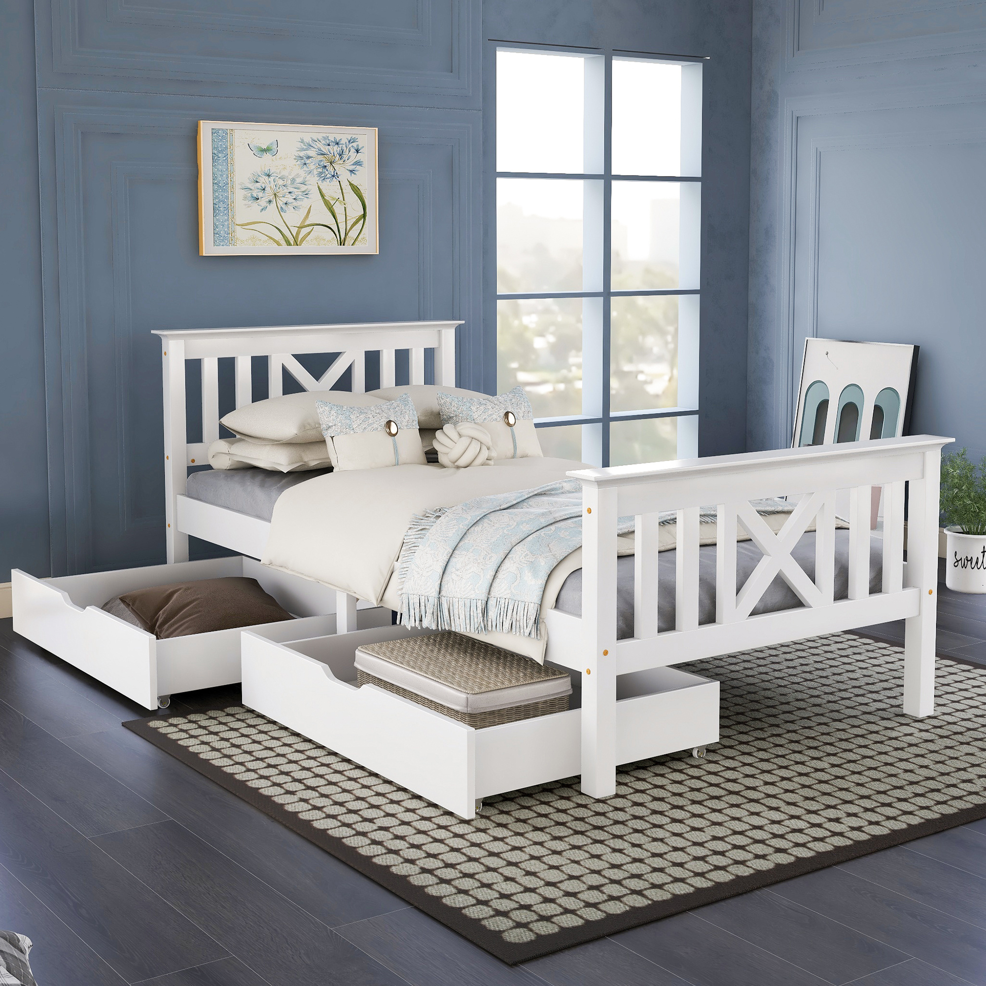 Wooden Bed Frame with Drawers Single Storage Bed Solid Pine Wood,3FT Guest Bed For Adults, Kids, Teenagers