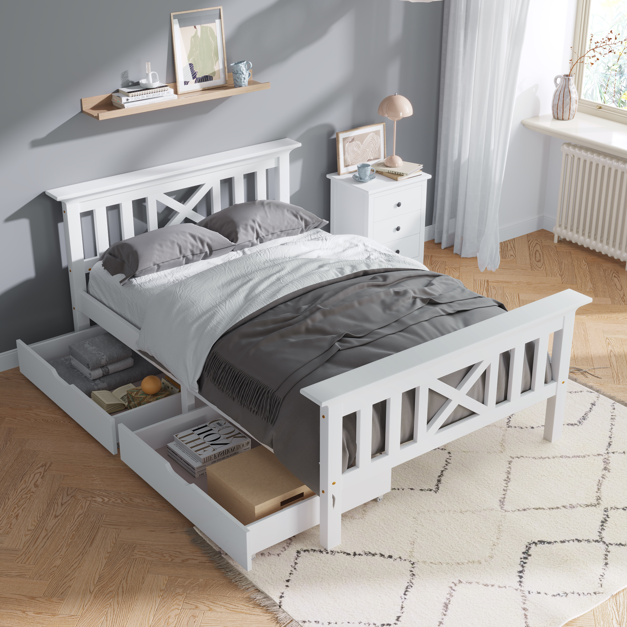 Wooden Bed Frame with Drawers Single Storage Bed Solid Pine Wood,3FT Guest Bed For Adults, Kids, Teenagers