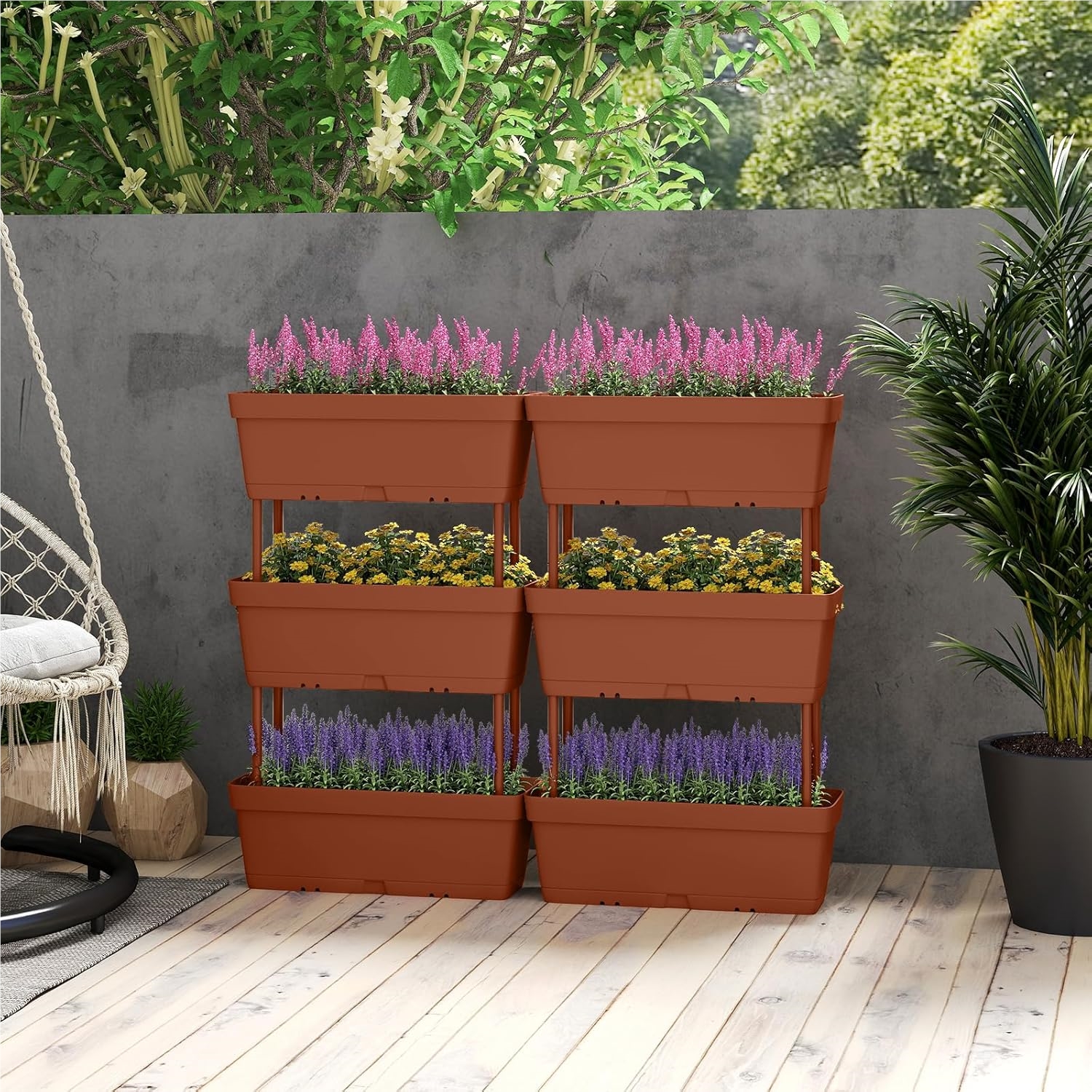 6-piece Flower Boxes, Diy Design, 49 Cm Long, Planters With Drainage System, Vertical Raised Bed, Plant Pots For Garden, Terrace, Balcony, Plastic Flower Pots (brown)