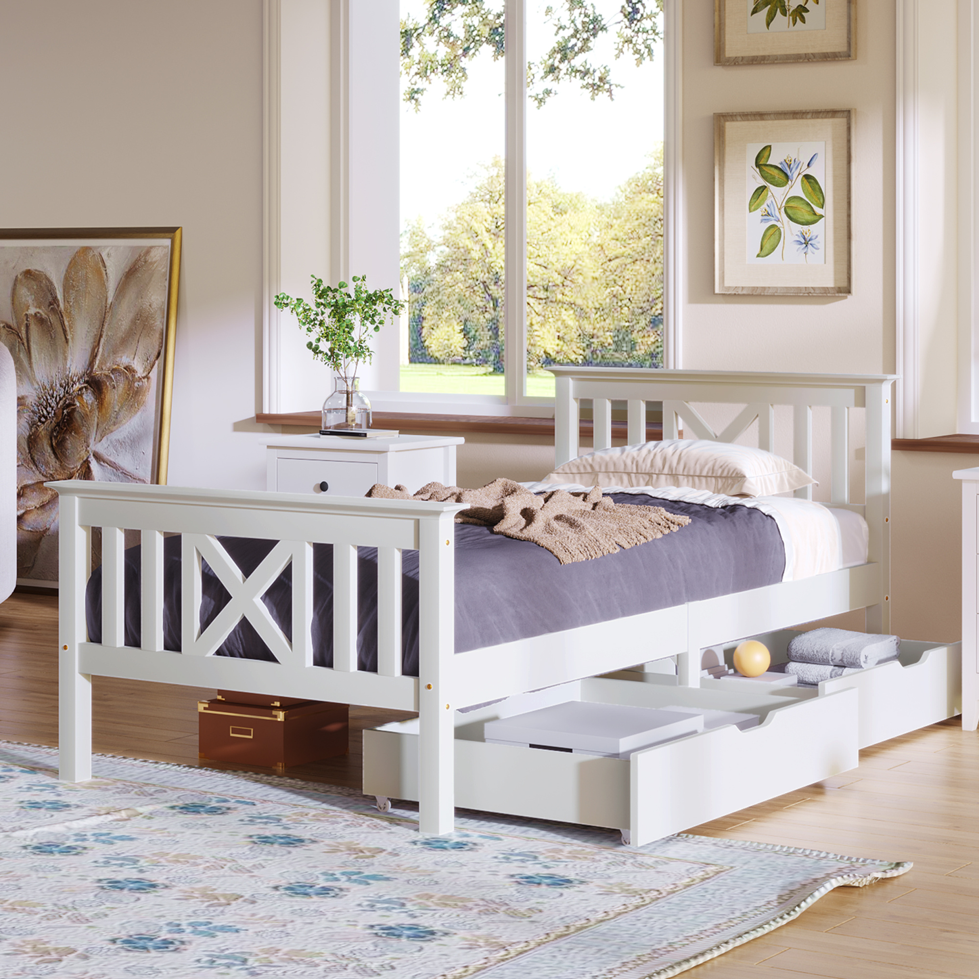 Wooden Bed Frame with Drawers Single Storage Bed Solid Pine Wood,3FT Guest Bed For Adults, Kids, Teenagers