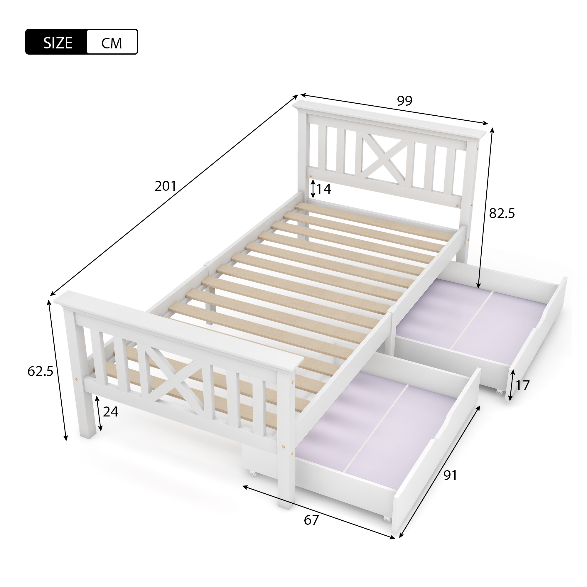 Wooden Bed Frame with Drawers Single Storage Bed Solid Pine Wood,3FT Guest Bed For Adults, Kids, Teenagers