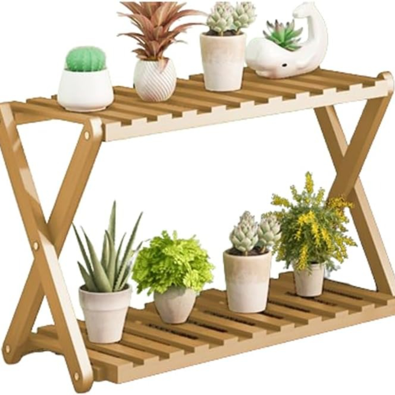 TEMU 2 Tier Wooden Plant Stand, Indoor Outdoor Flower Pot Rack, Succulent Flower Pot Rack Holder Shelving Unit, Multipurpose Freestanding Display