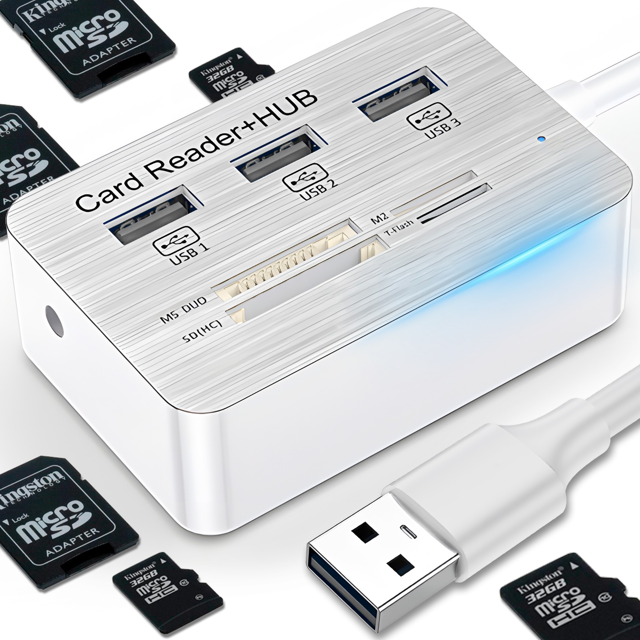 TEMU Usb Retoo Techpro Splitter, 7-in-1, Adapter With 3 Usb Ports And 4 Memory Card Slots, Supports Sd, Mmc, Ms, Tf, M2 Cards, Transfer To 480 Mb/s,