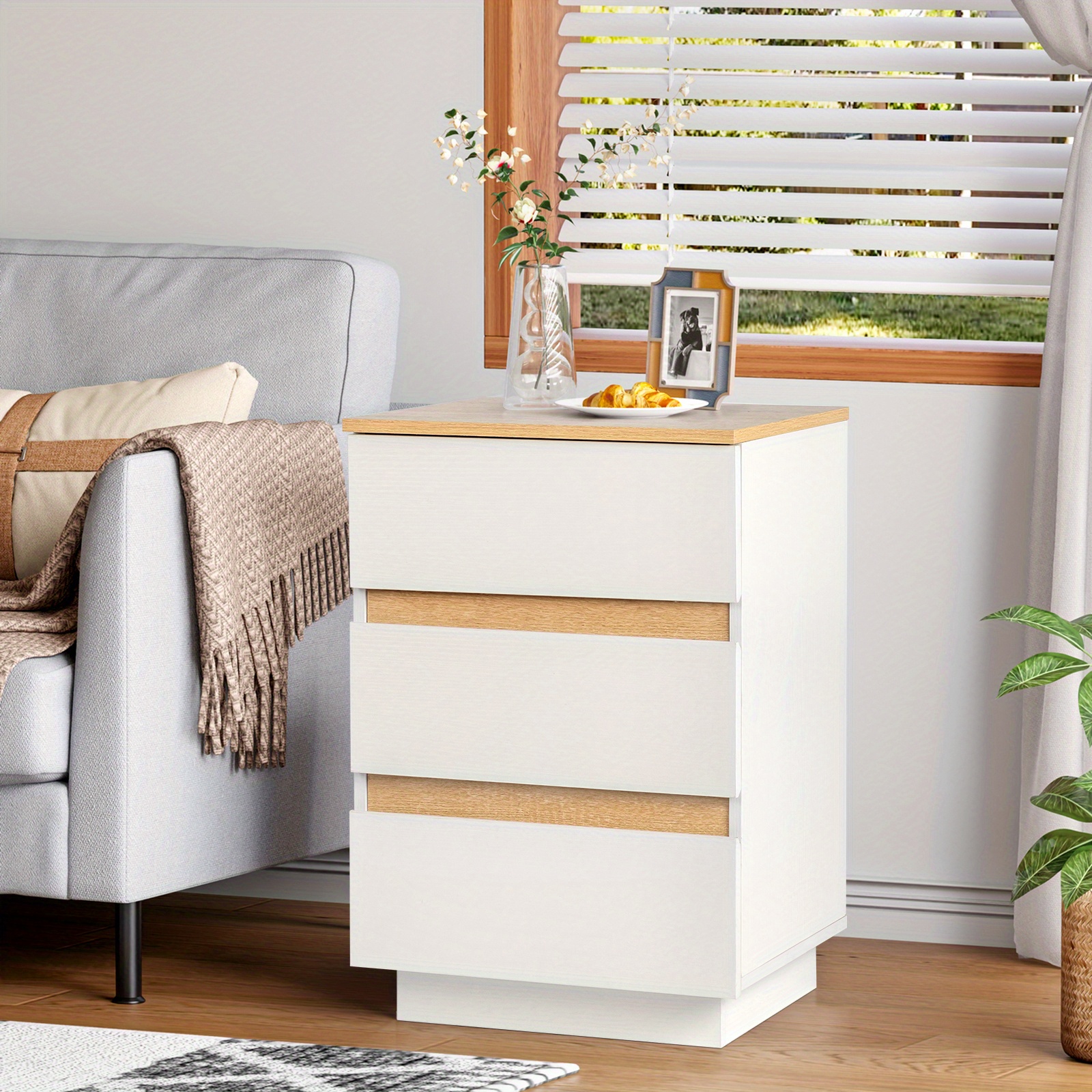 Embossed White + Embossed Oak E1 Particleboard 12mm Handle-free 2-drawer/3-drawer Bedside Table