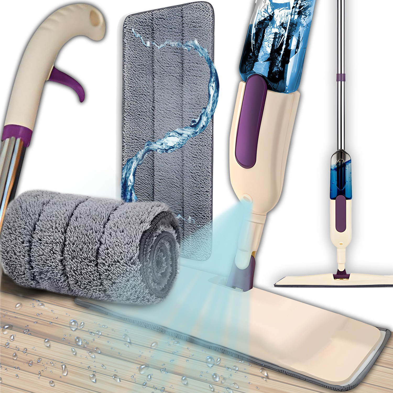E-shop Flacher Sprüh-Wischmopp Retoo , Mikrofasertücher, Handwischer mit Reinigungsmittel, Reinigungsgerät für Parkettböden, Paneele, Fliesen, Marmor,