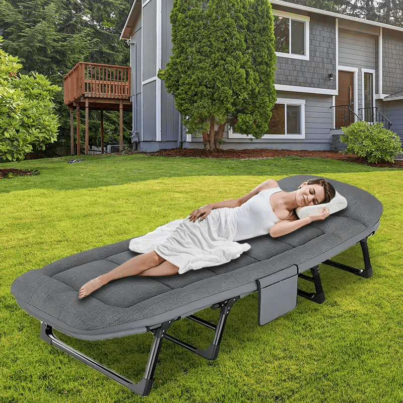 large outdoor folding bed camping cot lightweight guest bed with adjustable 6   comfortable mattress and pillows breathable fabric portable durable suitable for outdoor use details 2