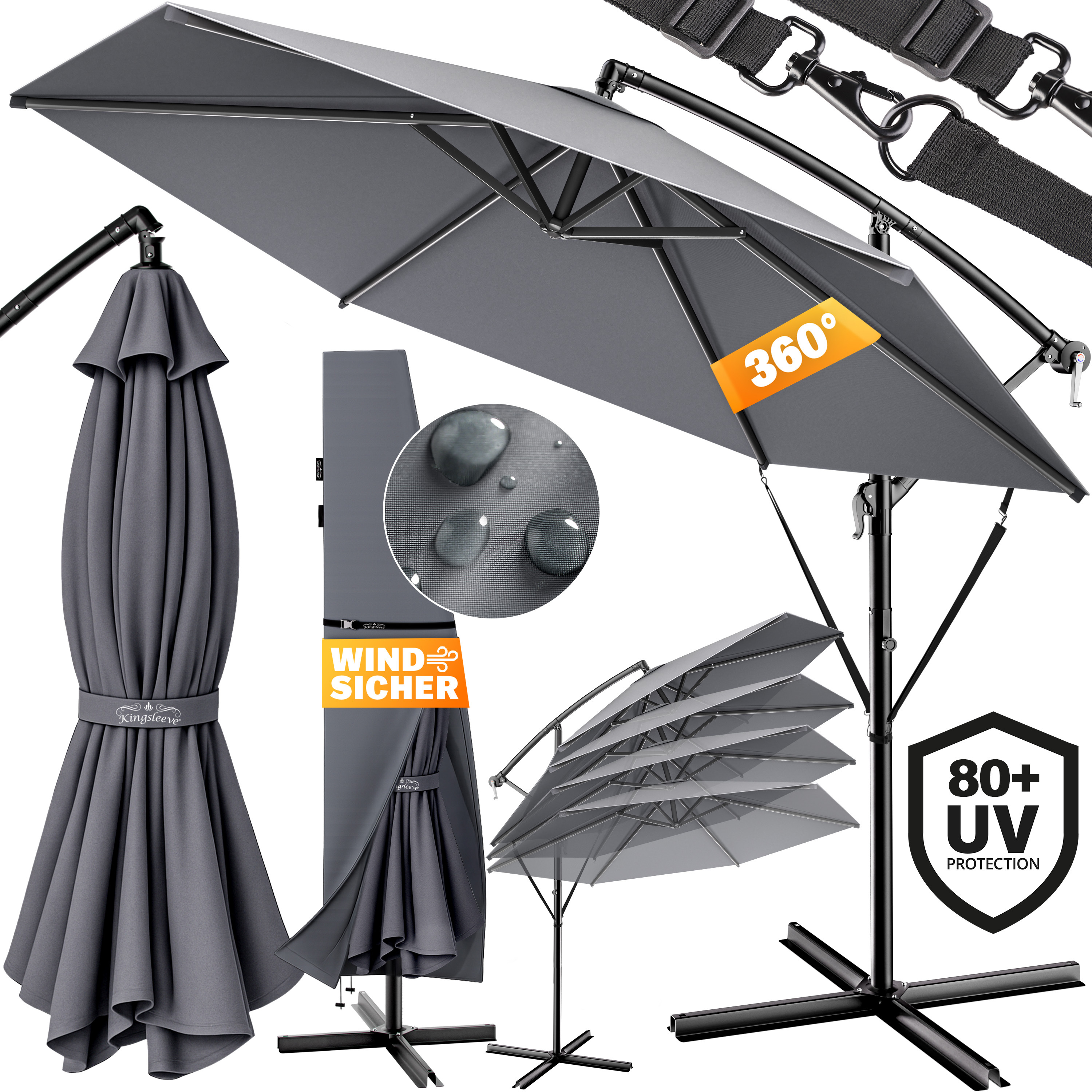TEMU ® Sombrilla 300cm UV80+ Manivela Base Protección Antiviento Parasol