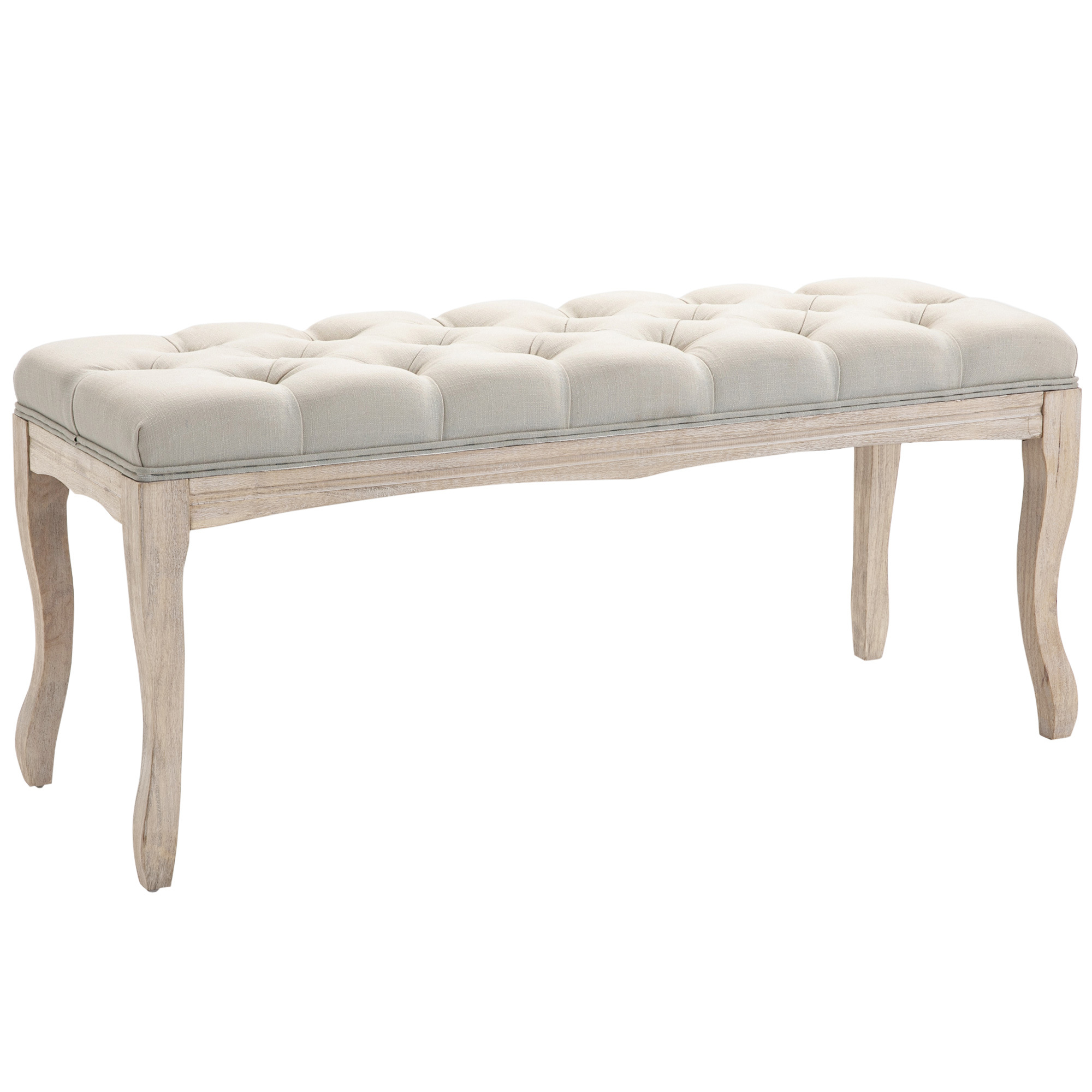 TEMU HOMCOM Banc Banquette en capitonnée 110 cm Rembourrée en lin piètement en Bois sculpté Lin Beige pour Bout de lit