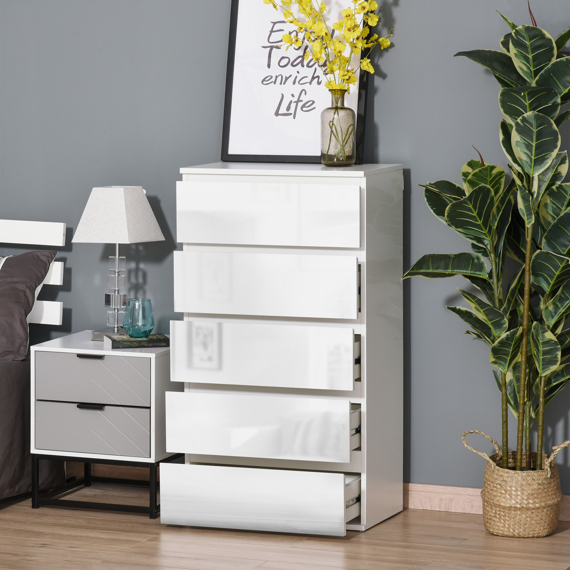 Image of Modern Fabric Dresser Sideboard With 5 Drawers, Storage Cabinet For Living Room, Bedroom, Hallway, White, 55 X 34 X 100 Cm