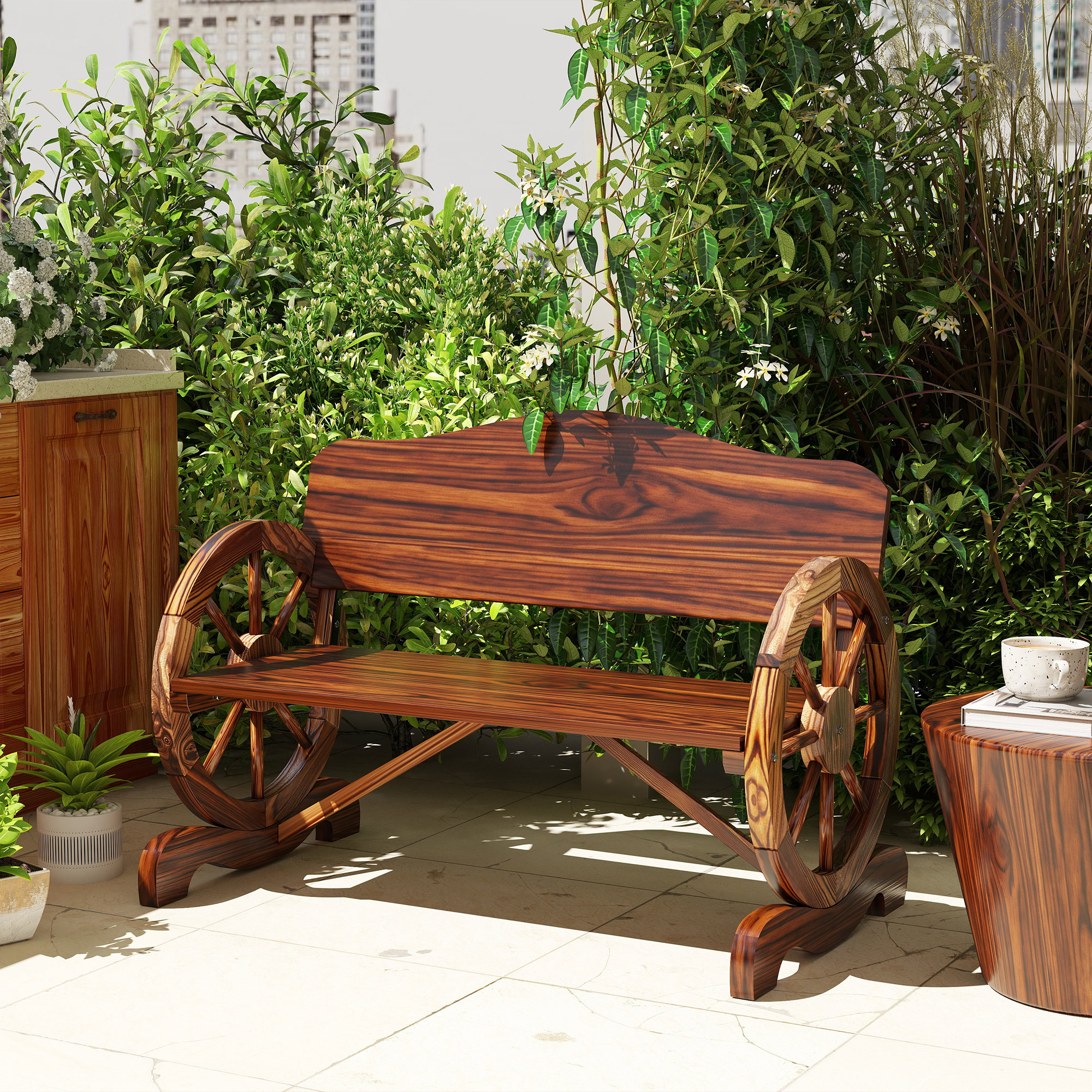 Gartenbank Holz rustikal-Wagenrad-Design-2-Sitzer
