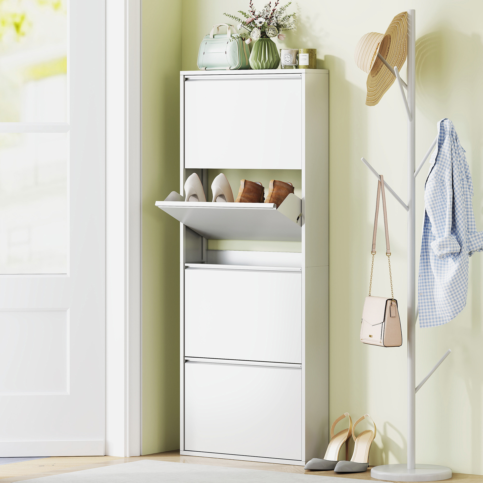 Metal Shoe Rack With 4 Flaps Shoe Narrow Shoe Cabinet Shoe Shelf Shoe Storage Wall-mounted For 8 Pairs Of Shoes 55 X 15 X 139.5 Cm White