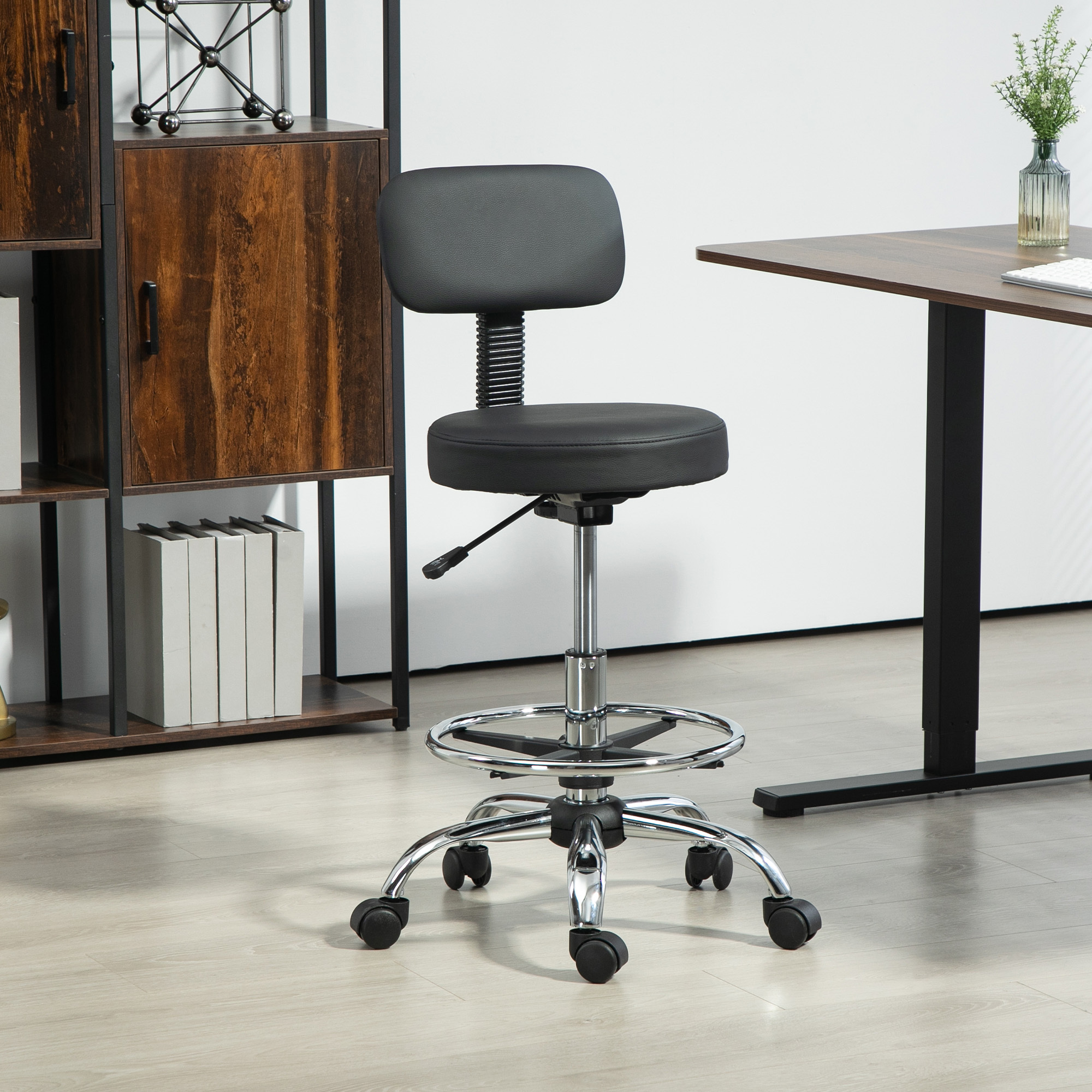 Office Chair, Ergonomic Drafting Chair, Height Adjustable Computer Chair With Footrest, Desk Chair, Swivel Chair For Living Room, Office, Faux Leather, Black