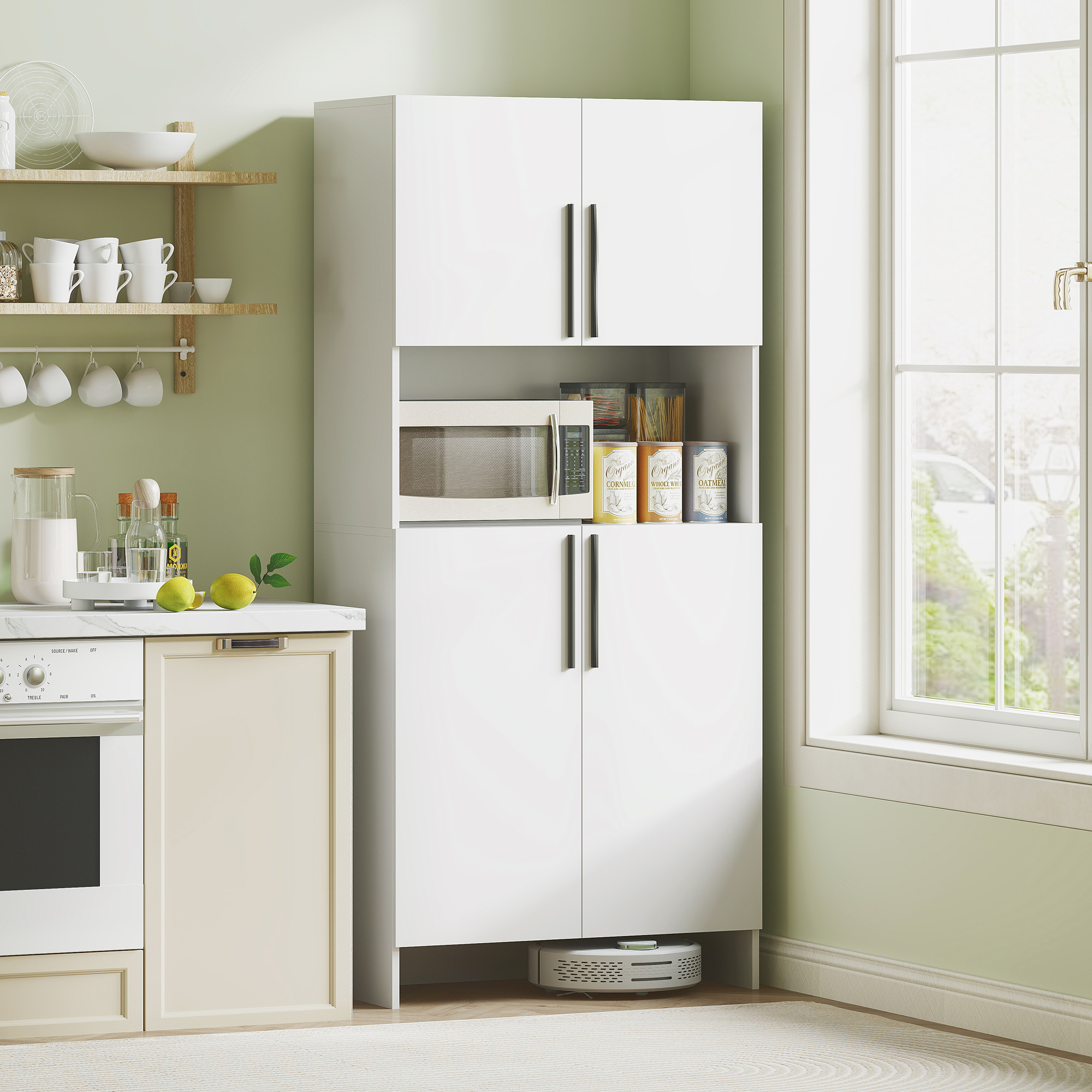 Image of Kitchen Cabinet Buffet Cabinet With Worktop, 2 Doors, 2 Cabinets, Wall Cabinet With Silent Hinges, Microwave Cabinet With , 79x40x175cm, White