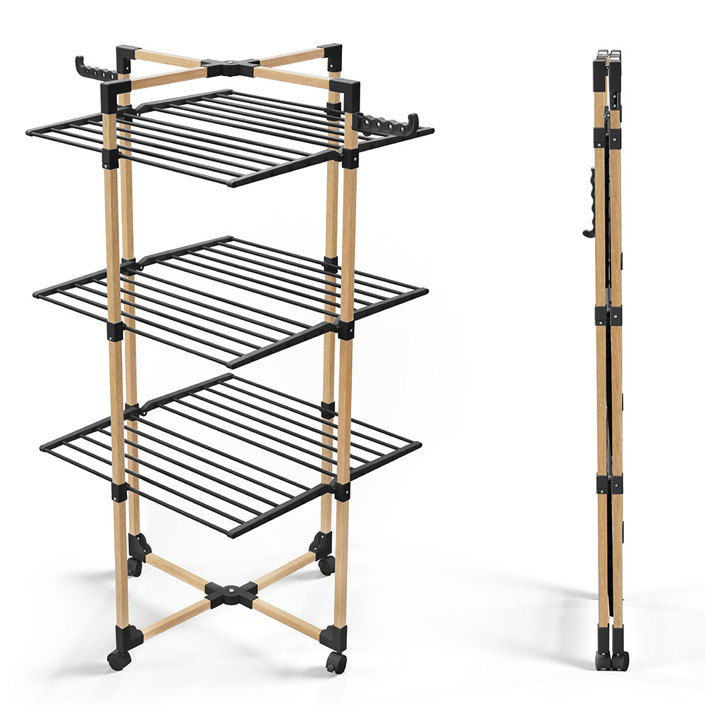 TEMU VOUNOT Séchoir à Linge Tour 3 Niveaux Pliable avec 4 Roulettes et 2 Ailes Latérales Grande 22m Intérieur Extérieur Étendoir Porte-manteau