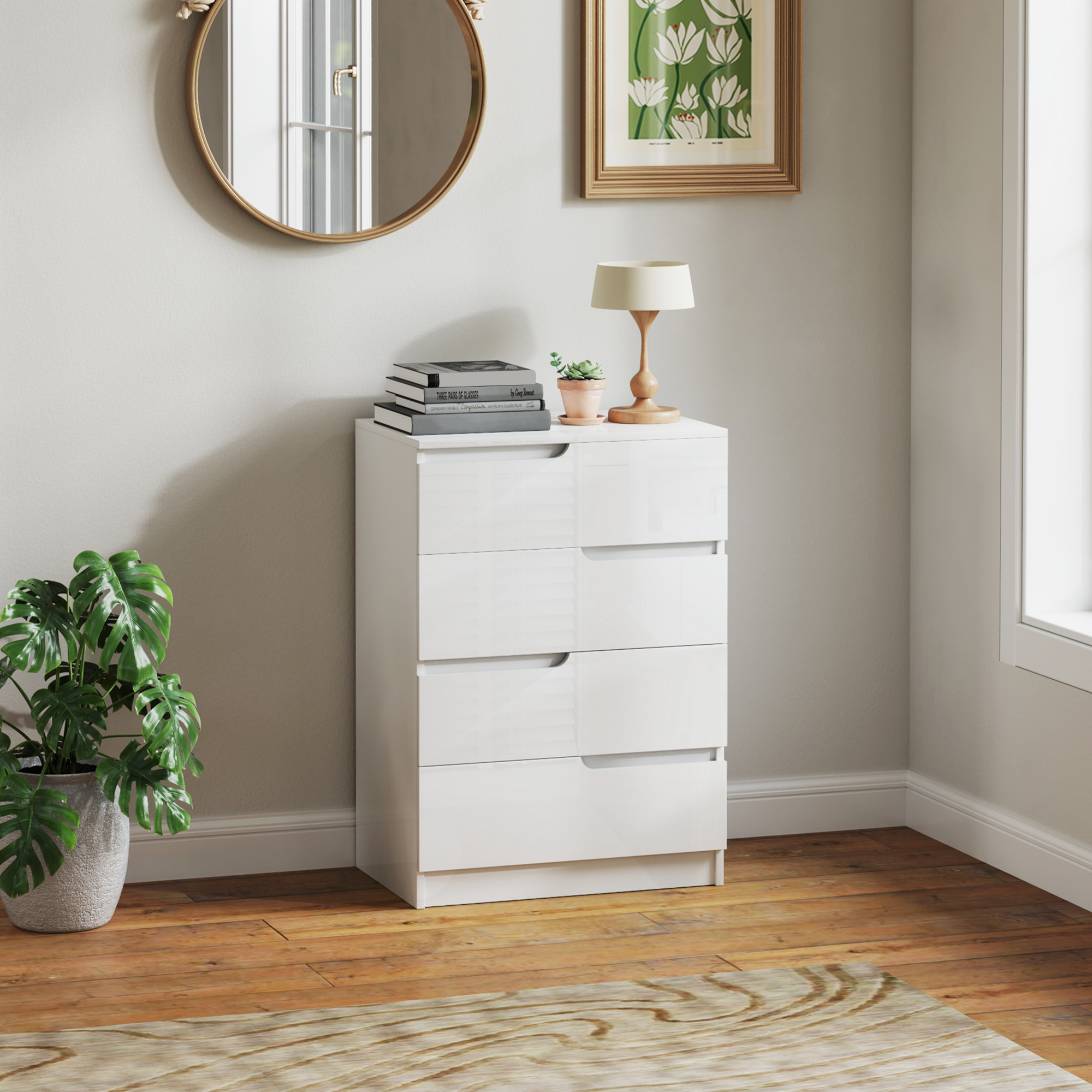 Image of Side Cabinet Dresser With 4 Drawers, Drawer Dresser For Living Room, Bedroom, High Gloss White 60 X 40 X 85cm