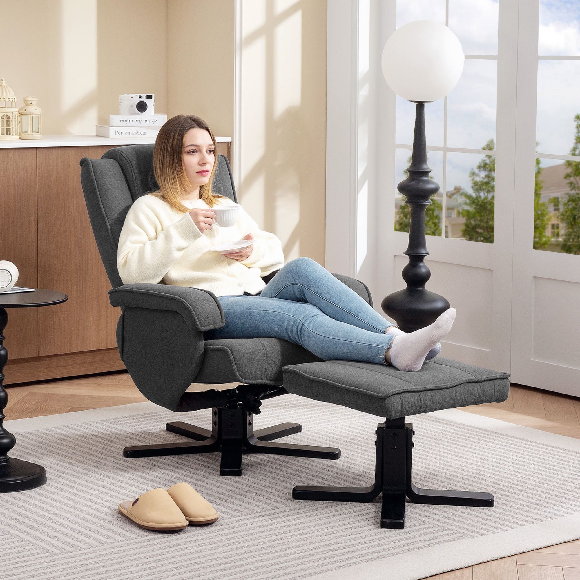 Recliner With Stool, Tv Chair With Adjustable Backrest, Reclining Function, Velvet Upholstery, Headrest For Living Room, Dark Gray