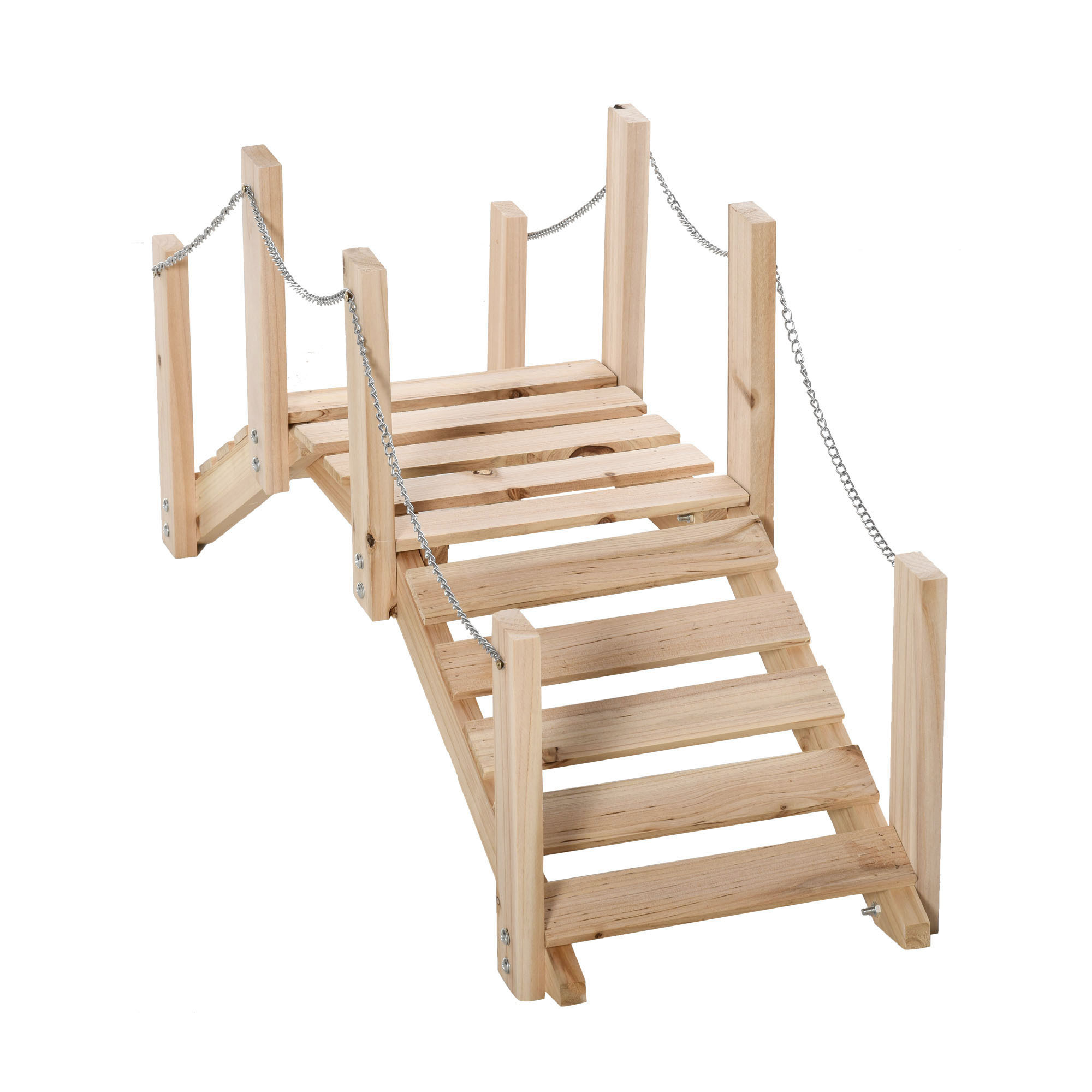 Image of Sunny Wooden With Metal Chain Handrails Decorative Bridge For Pond 5 Kg Load For Patio Decoration 100x32x48 Cm Natural Wood