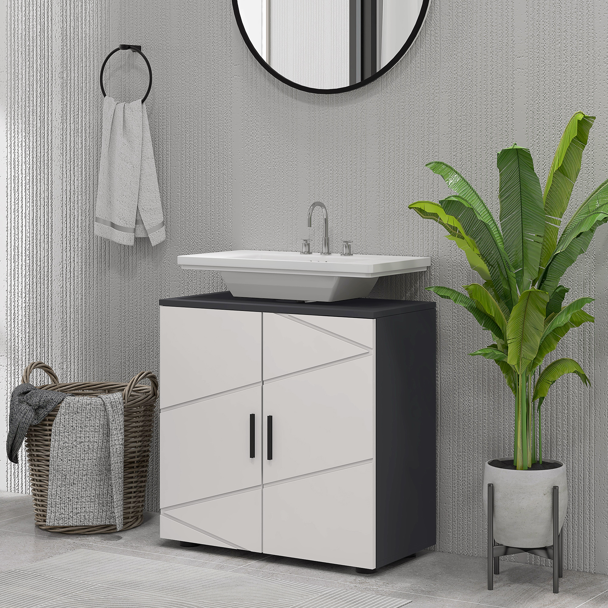 Image of Sink Base Cabinet With Adjustable Shelf, Vanity Cabinet With Handle, Bathroom Cabinet With Tilt Protection, Grey, 60 X 30 X 60 Cm