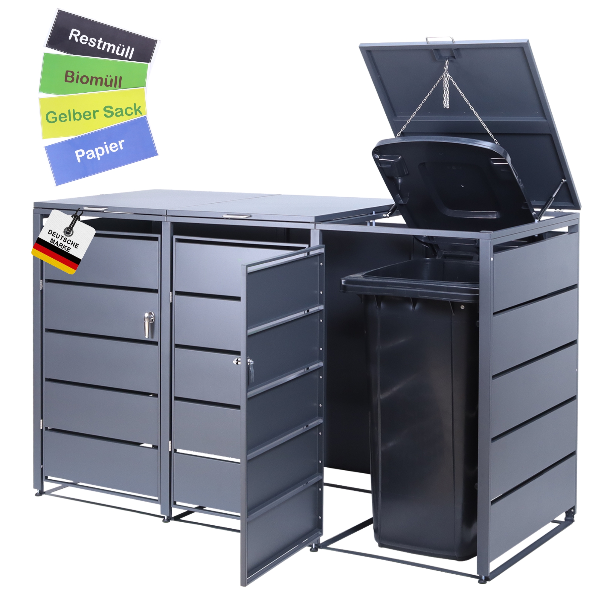 Trash Can Ton | Up To 240 | Gray Ral 7016 | Galvanized Steel | Premium Damper | Sticker Set | Weather-resistant | Adjustable Feet | Door Handle With Lock | Garden Box