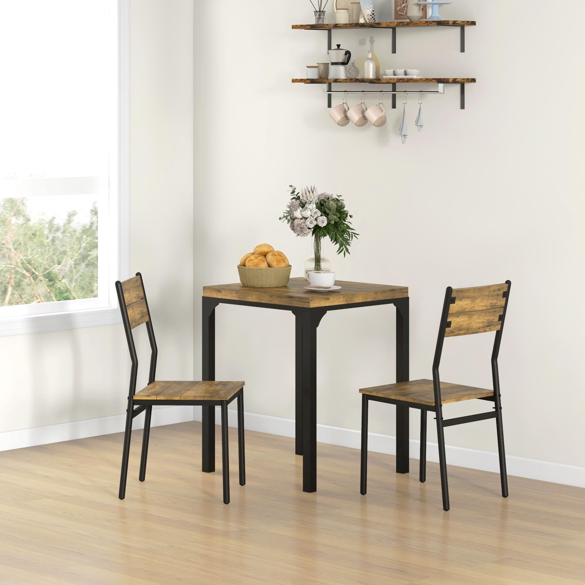 3pcs Dining Set, Dining Table With 2 Chairs, Seating Group, Kitchen Table With Metal Frame, Dining Room Set, Rustic Brown