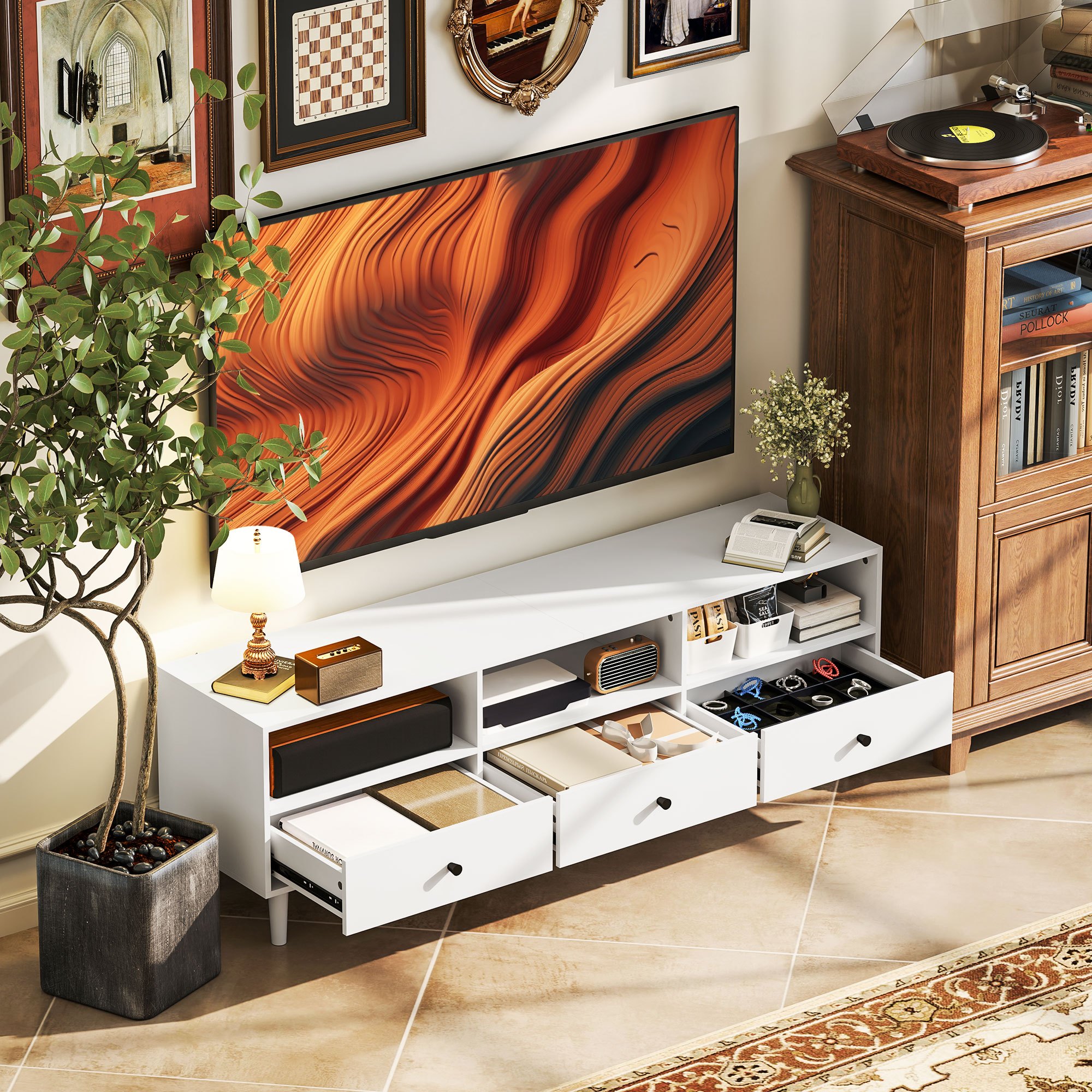 Tv Cabinet Tv Board With Drawers, 3 Open Compartments 140 Cm Lowboard With Cable Management For Tvs Up To 75 Inches Tv Table For Living Room White 140x34x45cm