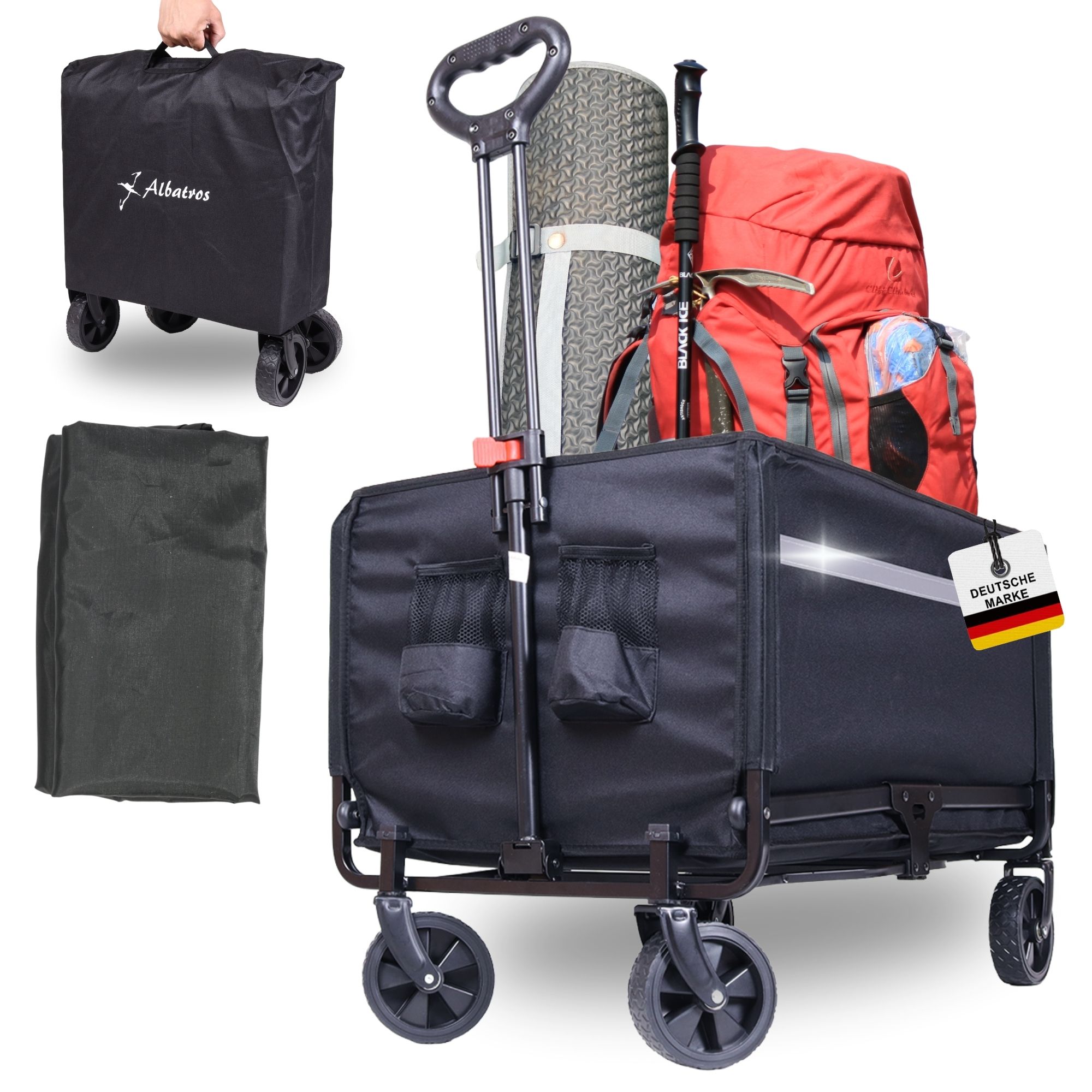 Image of Collapsible 120l Trolley With Bottle Opener & Drink Holder – Foldable Handcart With Reflective Strips, Rear Wall Opening & Canopy – Outdoor Transport Trolley For Camping &