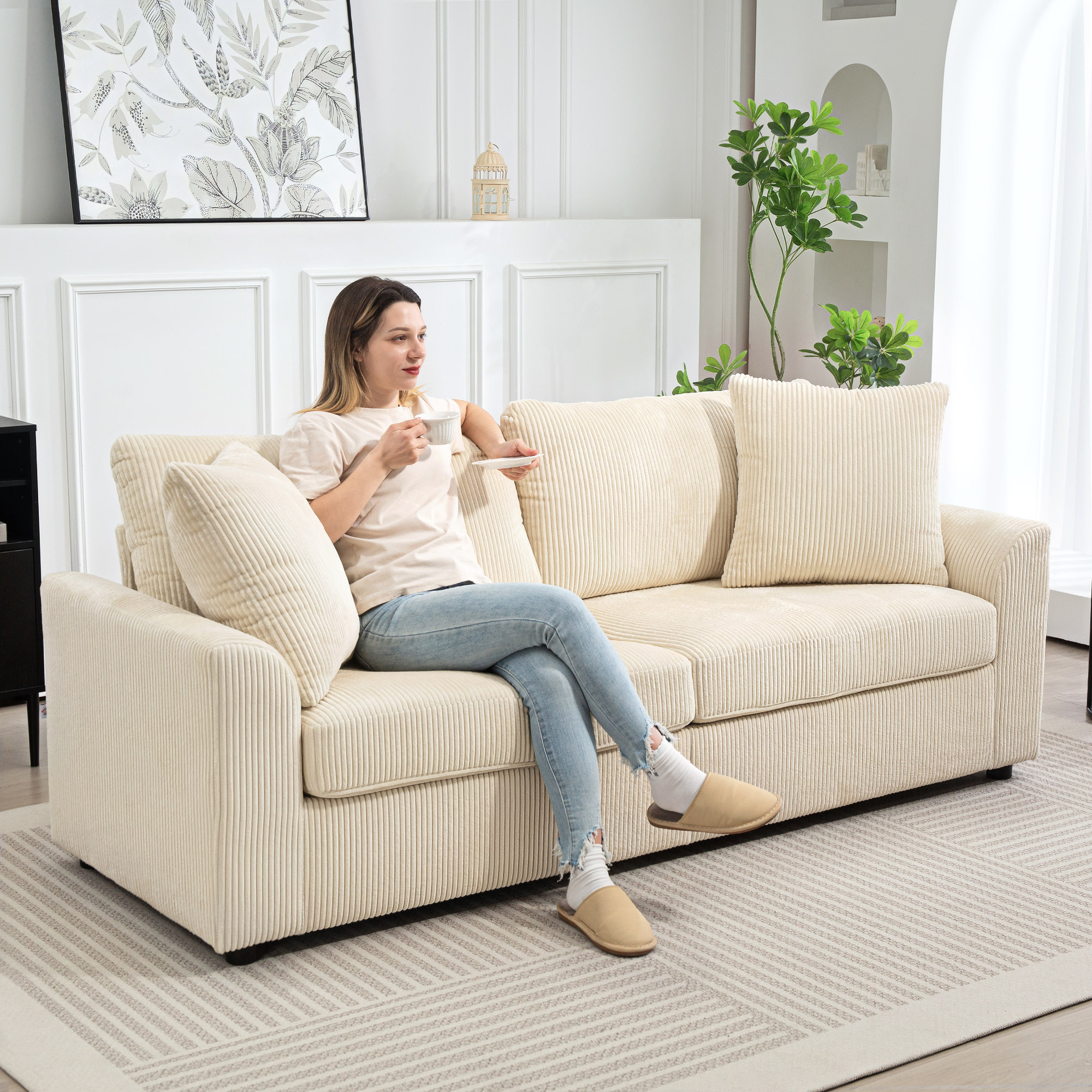 3-seater Sofa With Armrests, Decorative Cushions, Corduroy Upholstered, Thickly Padded, Lounge Sofa, Supports Up To 450 Kg, For Living Room, Bedroom, 212 X 80 X 88 Cm, Cream White