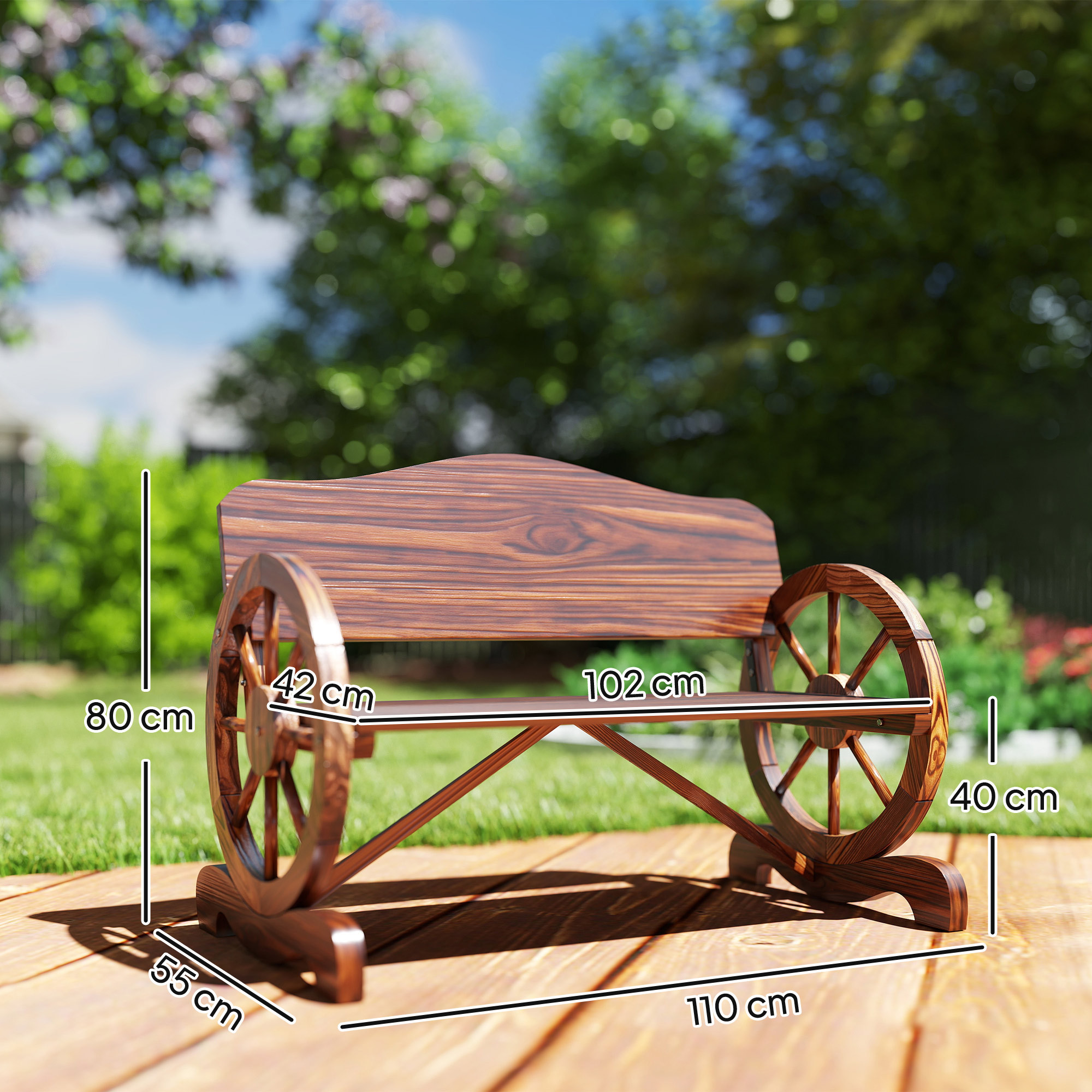 Gartenbank Holz rustikal-Wagenrad-Design-2-Sitzer
