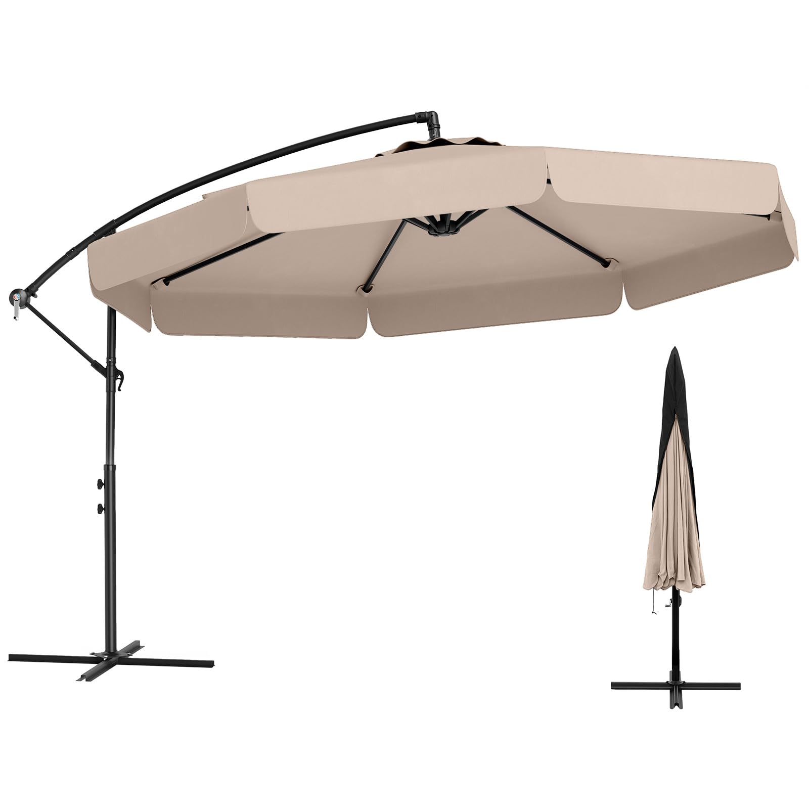 Parasol Suspendu Offset 3 x 3 M avec Housse, Parasol Cantilever de Patio avec Réglage Facile du Inclinaison, Manivelle, Bord Volanté, 8 Baleines, Auvent de Protection Solaire, Parasol d'Extérieur Robuste pour Piscine Jardin Terrasse