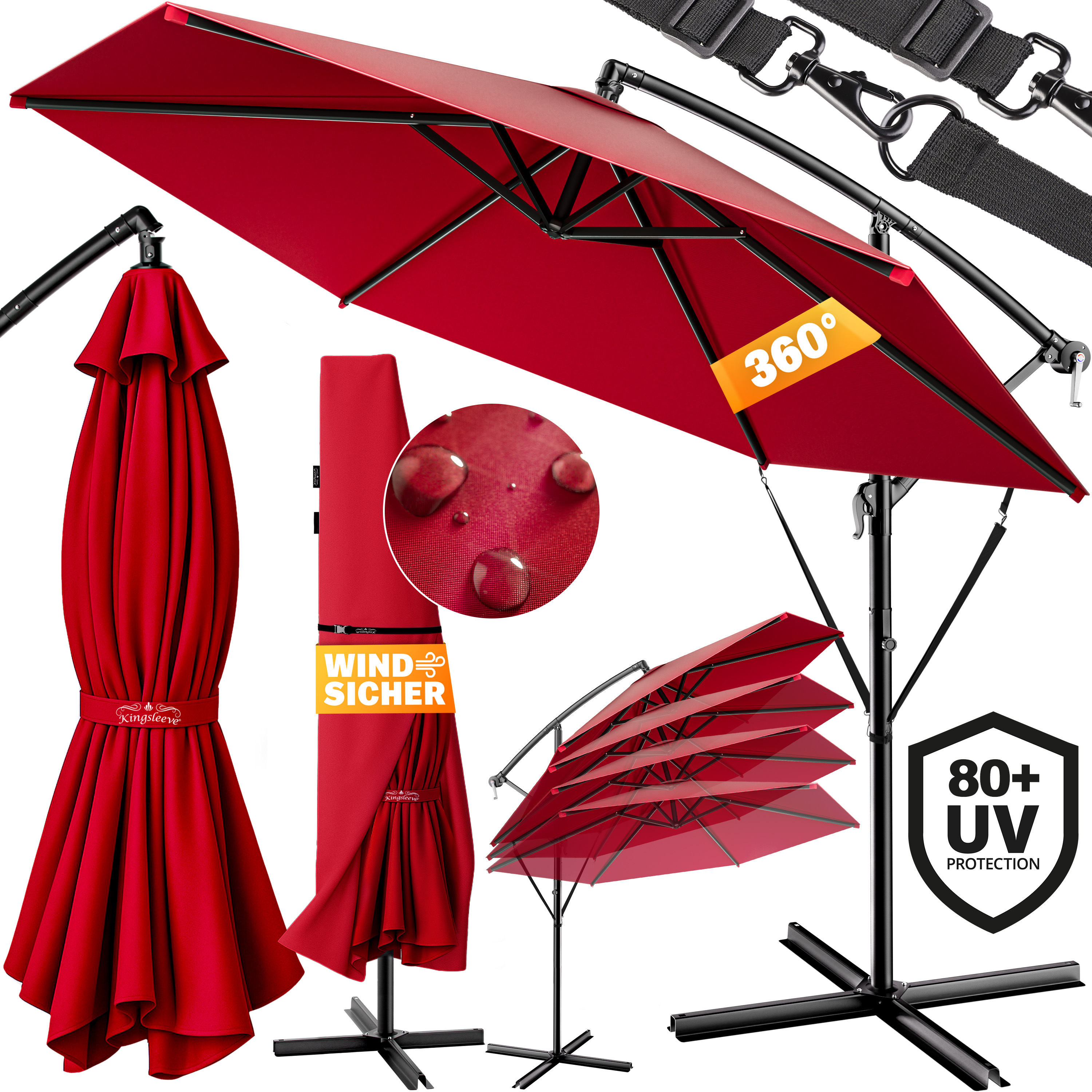 E-shop ® Sonnenschirm UV Schutz 80+ Ø 300 cm Groß mit Ständer Schutzhülle Windsicherung Neigbar Rund Kurbel Garten Balkon Ampelschirm