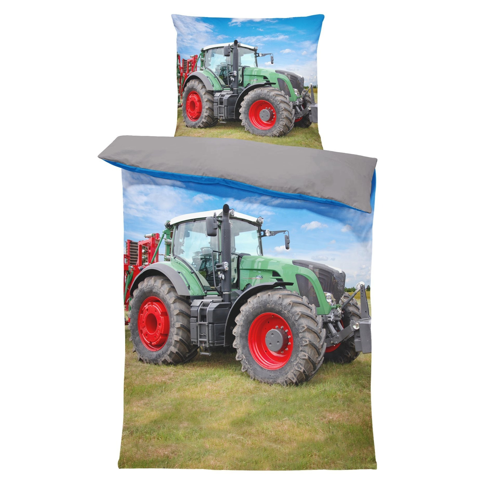 Bed Linen 135x200 Cm Tractor Agricultural Machinery Green Grey Reversible 2pcs Set Microfiber Pillowcase 80x80 Cm With Zipper