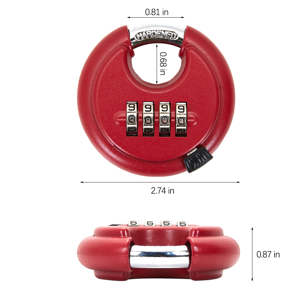 Red 70mm Disc Padlock Combination Lock, 4-Digit Steel Padlock
